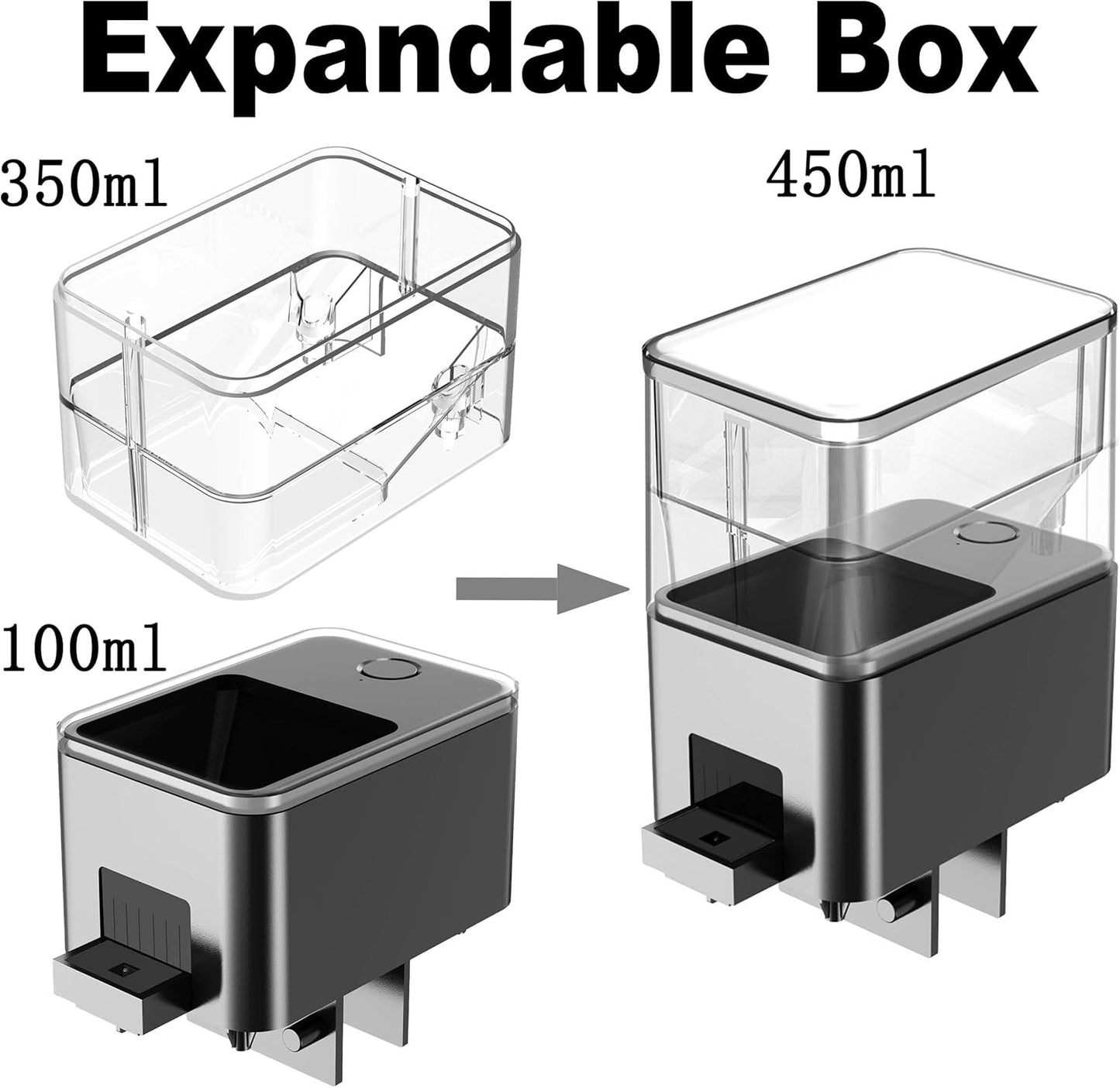 Automatic Fish Feeder Expandable Box Fish Food Storage Box, Removable, Suitable for GEZIEKID WP8621N, WP8621F, WP8622, WP8622L, Transparent Plastic Material, 350ML Large Capacity