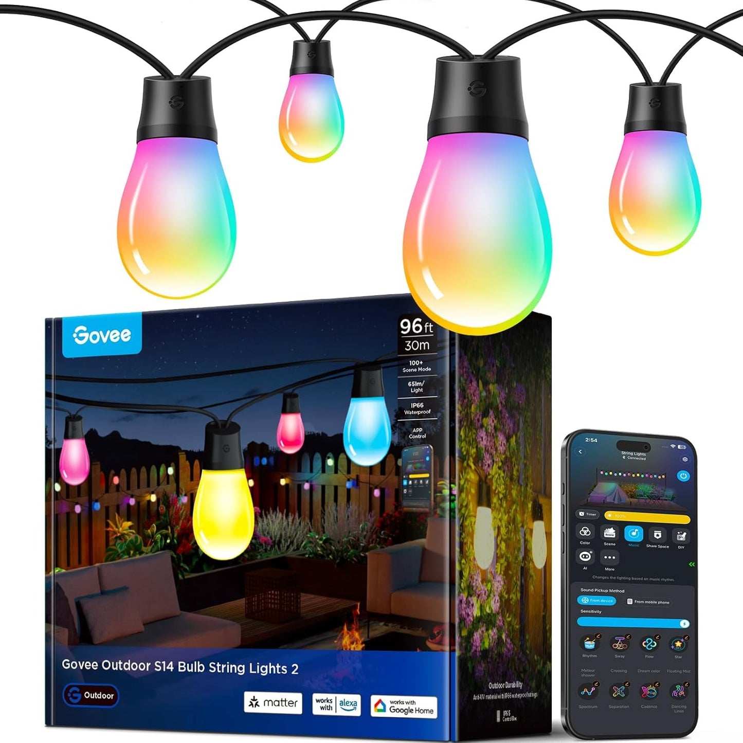 Govee S14 Bulb Outdoor String Lights 2, 96ft Smart RGBIC Warm White Patio Lights with 15 LED Bulbs, 111 Scene Modes for Outdoor Decor, Upgraded IP66 Compatible with Alexa, Google, Matter, APP Control