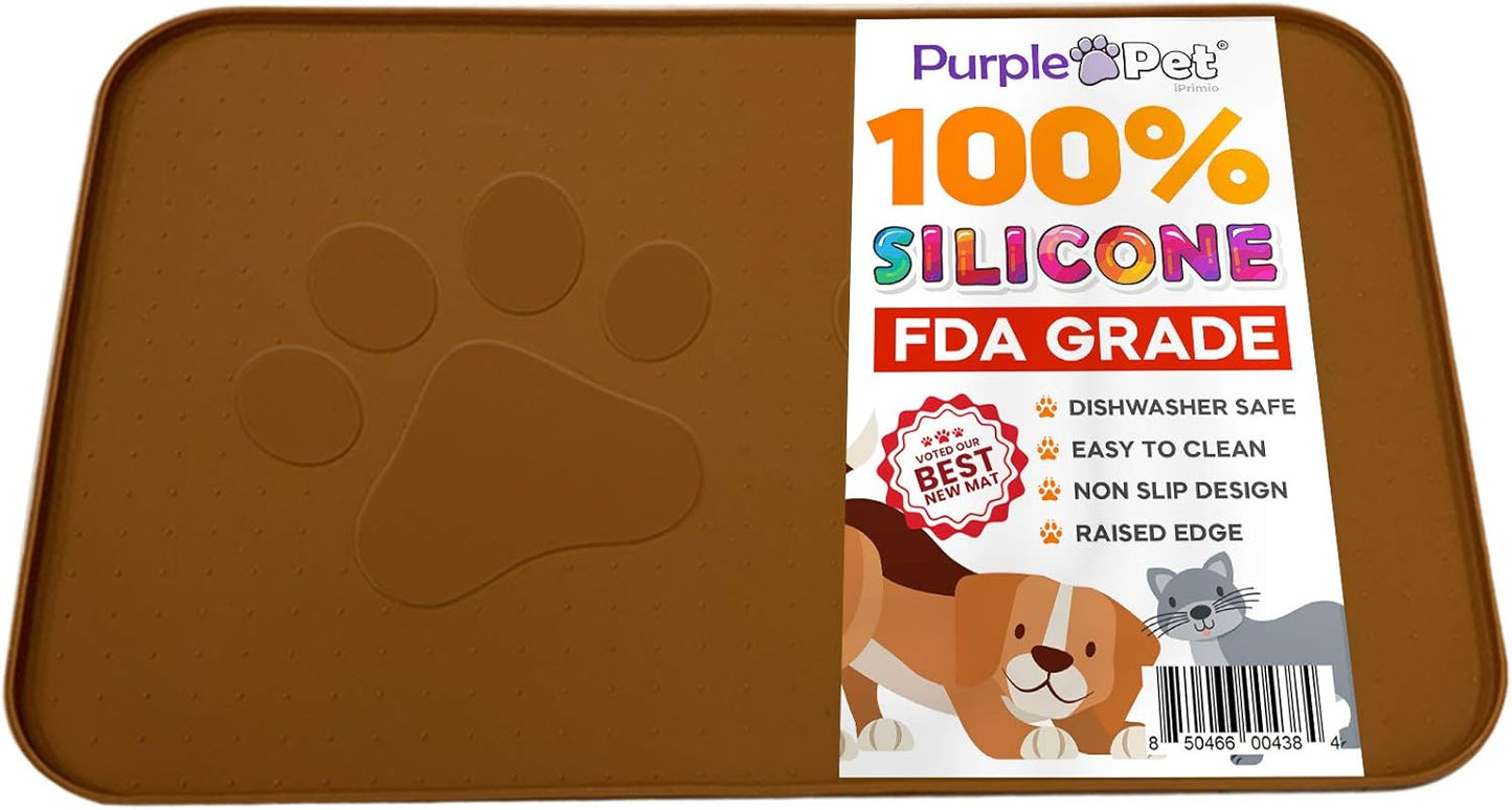 iPrimio Extra Large Pet Food Mat with Logo - Food Grade Silicone Cat Dog Feeding Mat - Dog Bowl Mat for Food and Water - Prevent Pet Water Food Spills - Protects Flooring - Non Slip - Large Brown