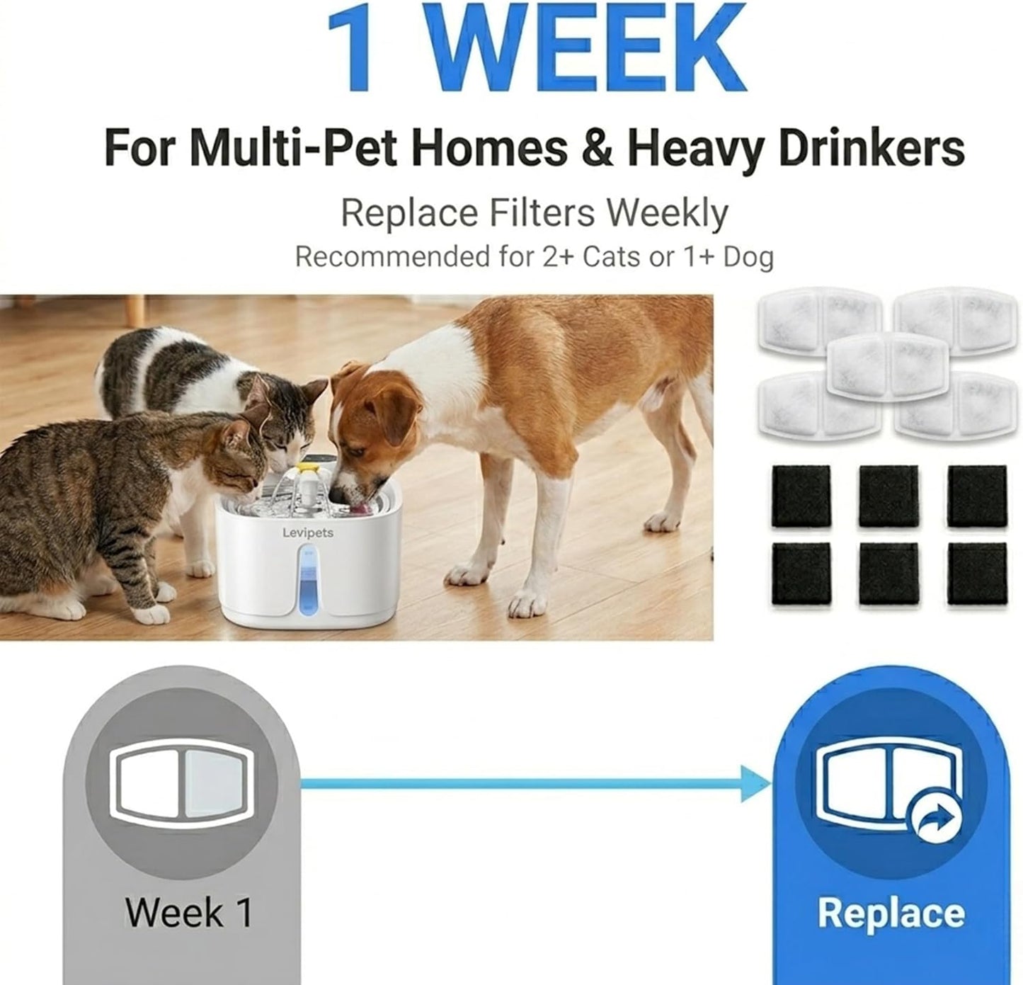 Cat Water Fountain Filters, 6 Pack Replacement Filters + 6 Pump Sponges, 4-Layer Filtration System with Activated Carbon & Resin, Compatible with Levipets Pet Fountain, 3 Month Supply