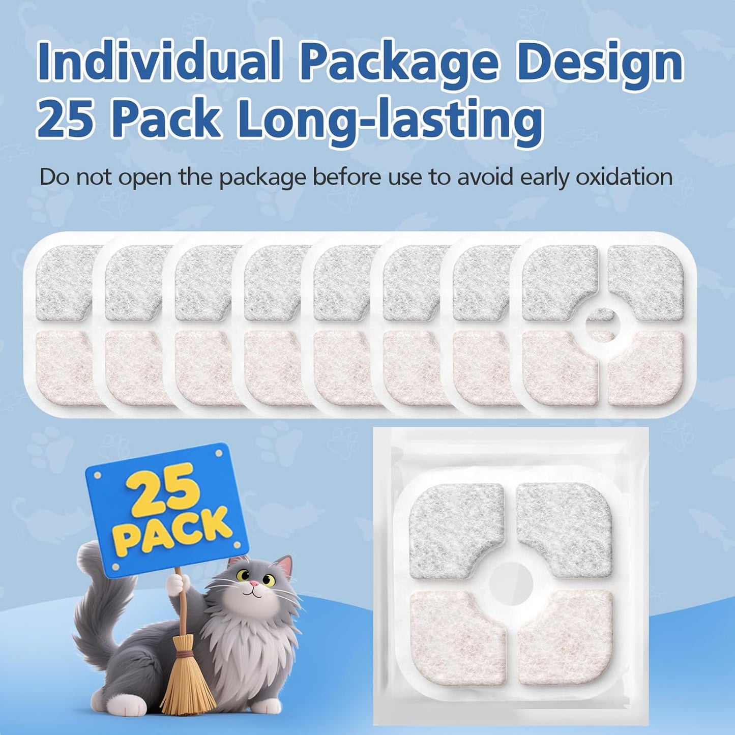 25 Pack Cat Fountain Filter Compatible With Catit PIXI Drinking Fountain, Replacement Triple Action Water Filter with Ion-exchange Resin & Activated Carbon, White