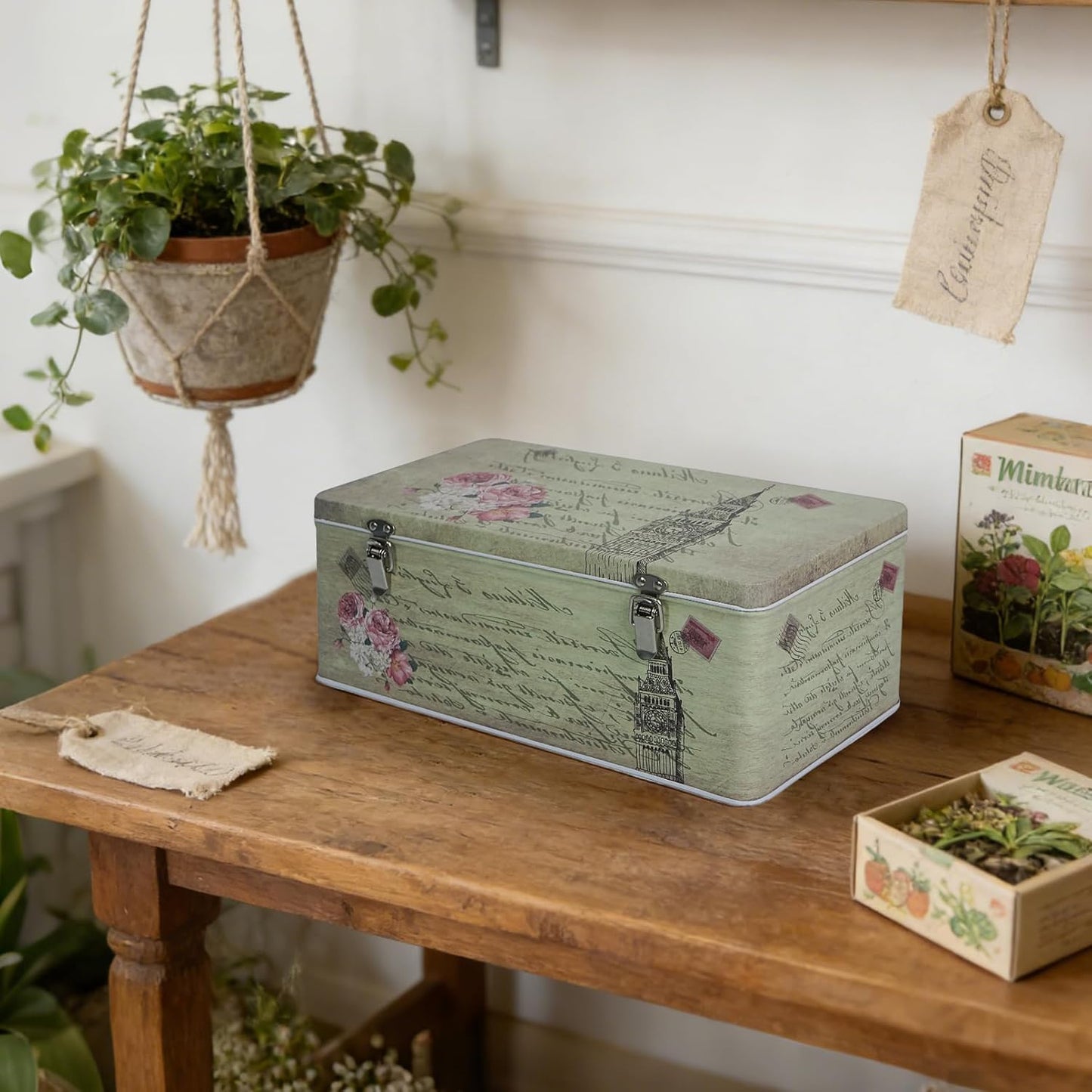 DreamsEden Metal Seed Organizer Storage Box - Rustic Garden Seed Saver Container for Packets with Hinged Lid Gifts for Homesteader Gardening (Tower)