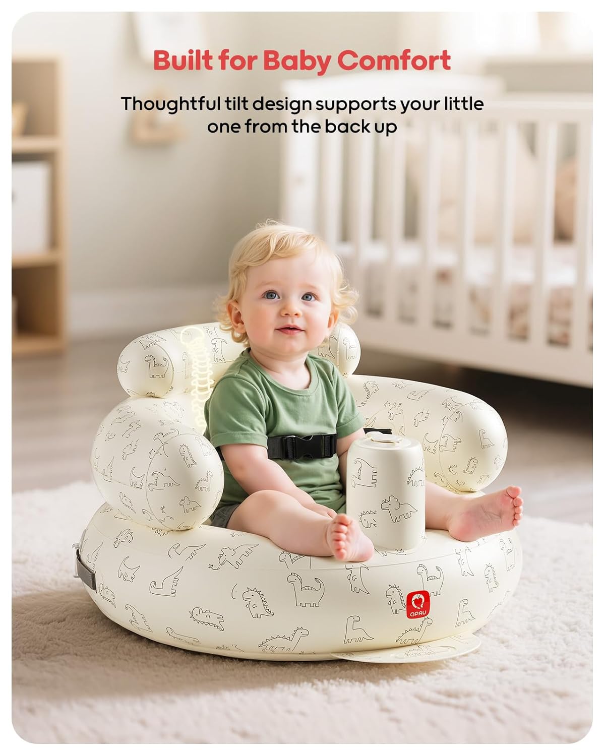 QPAU Inflatable Baby Seat with Safety Harness for Babies 3 Months & Up, Baby Floor Seats for Sitting Up, Baby Seats for Infants, Blow Up Baby Chair with Built in Air Pump (Dinosaur)