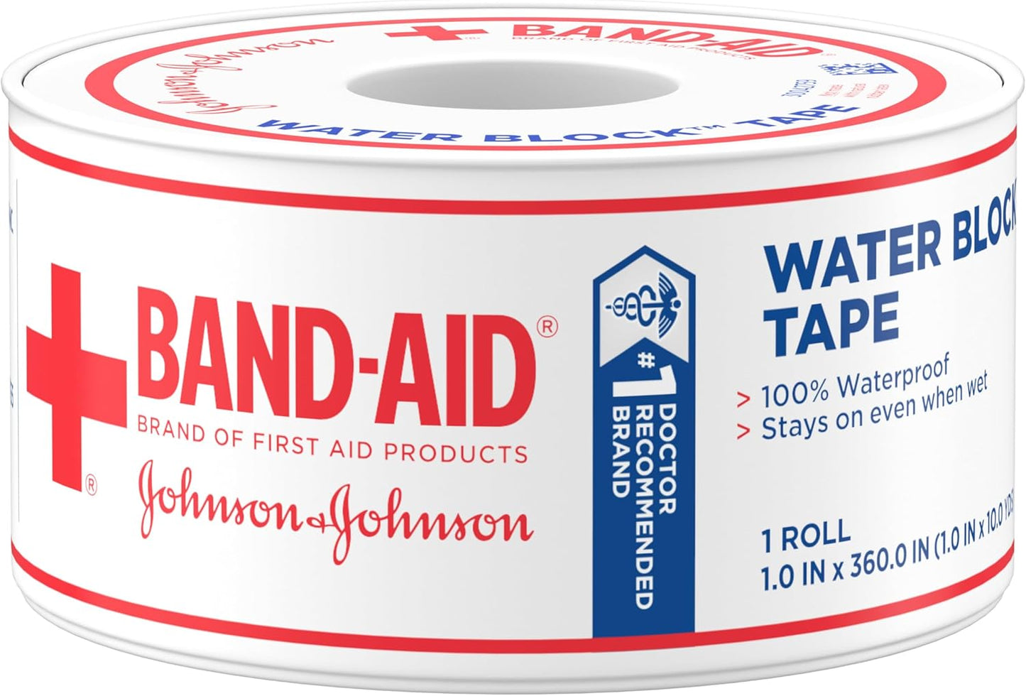 Band-Aid Brand First Aid Water Block 100% Waterproof Self-Adhesive Tape Roll for Durable Wound Care to Firmly Secure Bandages, 1 in by 10 yd