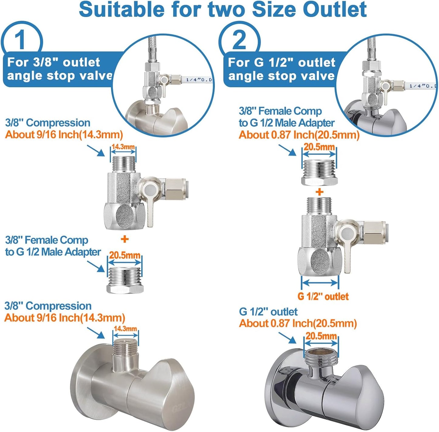 HAOCHEN Feed Water Adapter - Water Line Splitter 3/8"x3/8"x1/4" or G 1/2"xG 1/2"x1/4", Brass Water Supply Valve with 1/4" Push in Quick Connect fitting for RO Filter，Refrigerator,Ice Maker