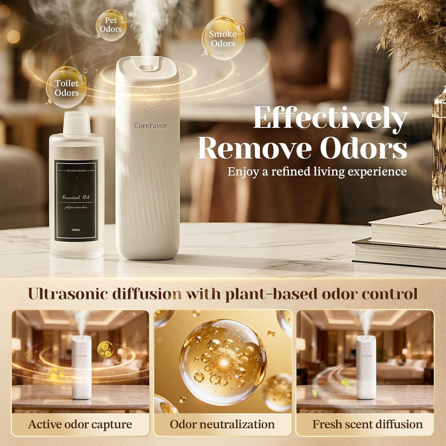 Waterless Essential Oil Diffuser with 120ml Oil, Portable Battery-Operated Cold Air Aroma Scent Machine, 4 Adjustable Intensity Levels, Quiet Diffuser for Bedroom Office Bathroom Car
