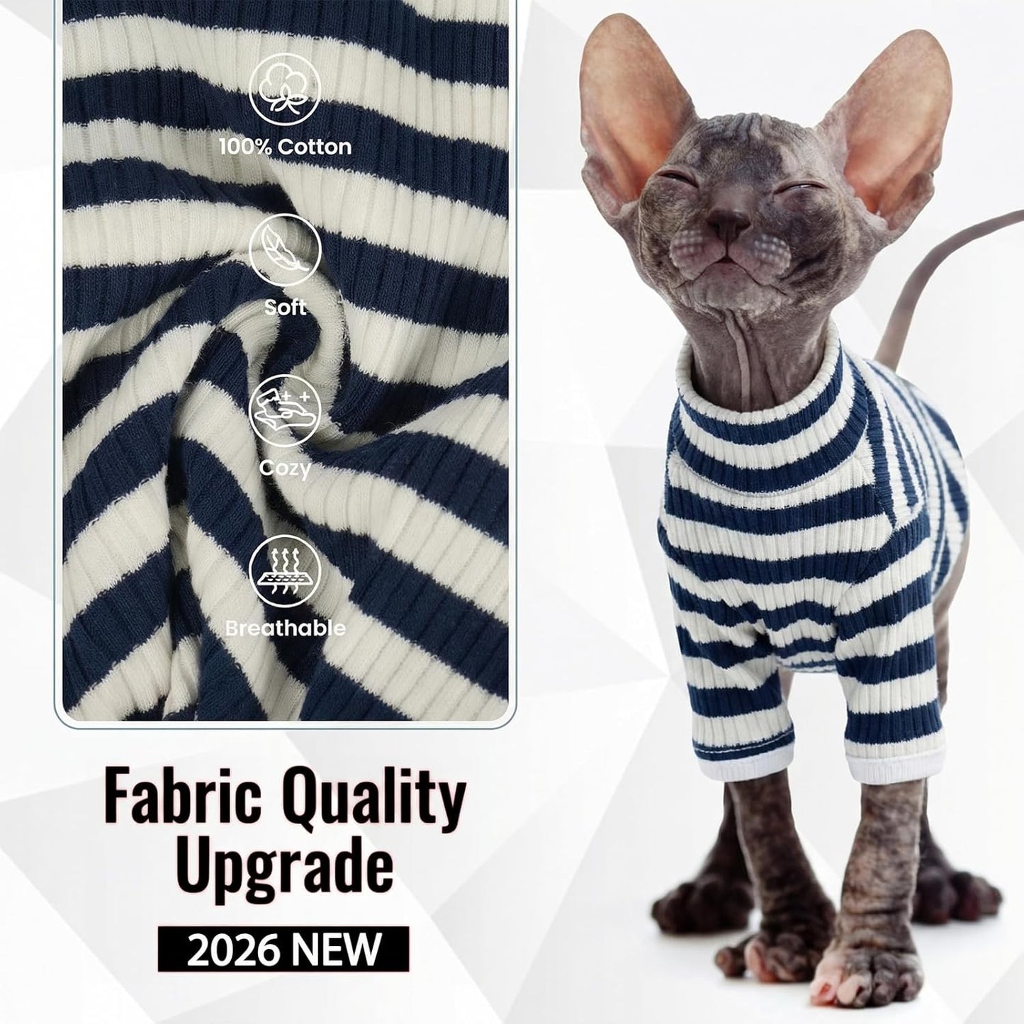 DENTRUN Hairless Cats Shirt Breathable Cat Daily Wear Clothes Stripe Vest Adorable Pajamas Jumpsuit Soft & Skin-Friendly