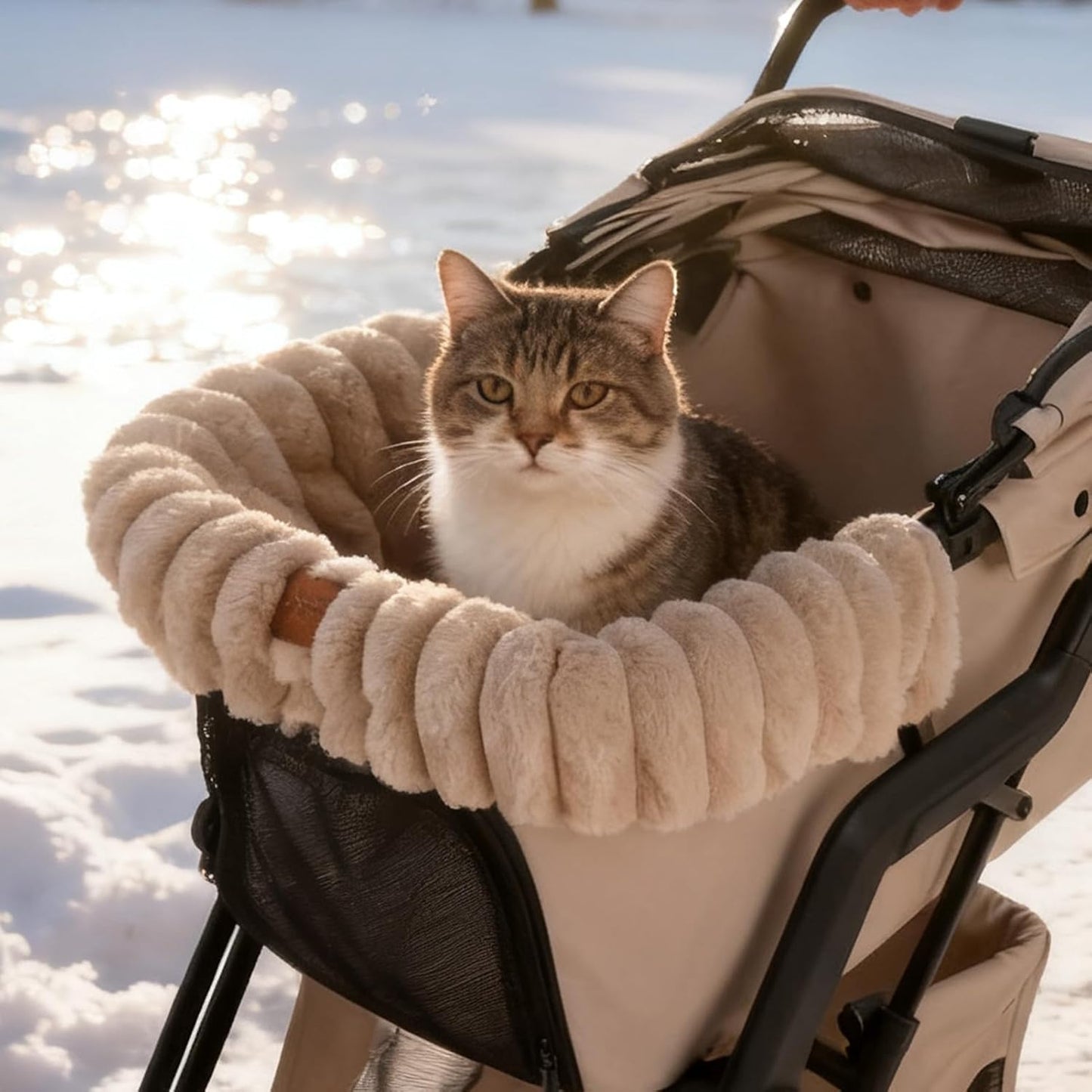 Dog Stroller Cushion - Plush Warm Washable Mat, Magnetic Buckle, Outdoor Indoor Travel, Cat Puppy House, Outside Gear, Small Grey Fabric Lightweight Aesthetic Soft Pet Comfort Device