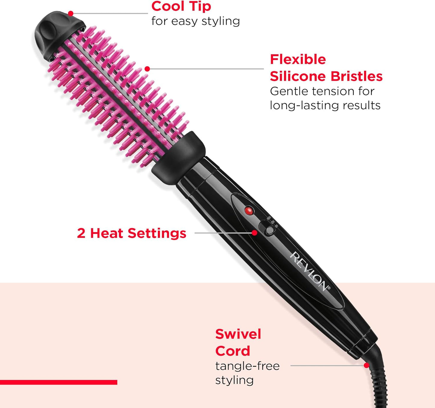 REVLON Silicone Bristle Heated Hair Styling Brush | Fast, Long Lasting Volume for Easy Styling | 1" Barrel for Full Body and Smooth Styles (Black/Pink)