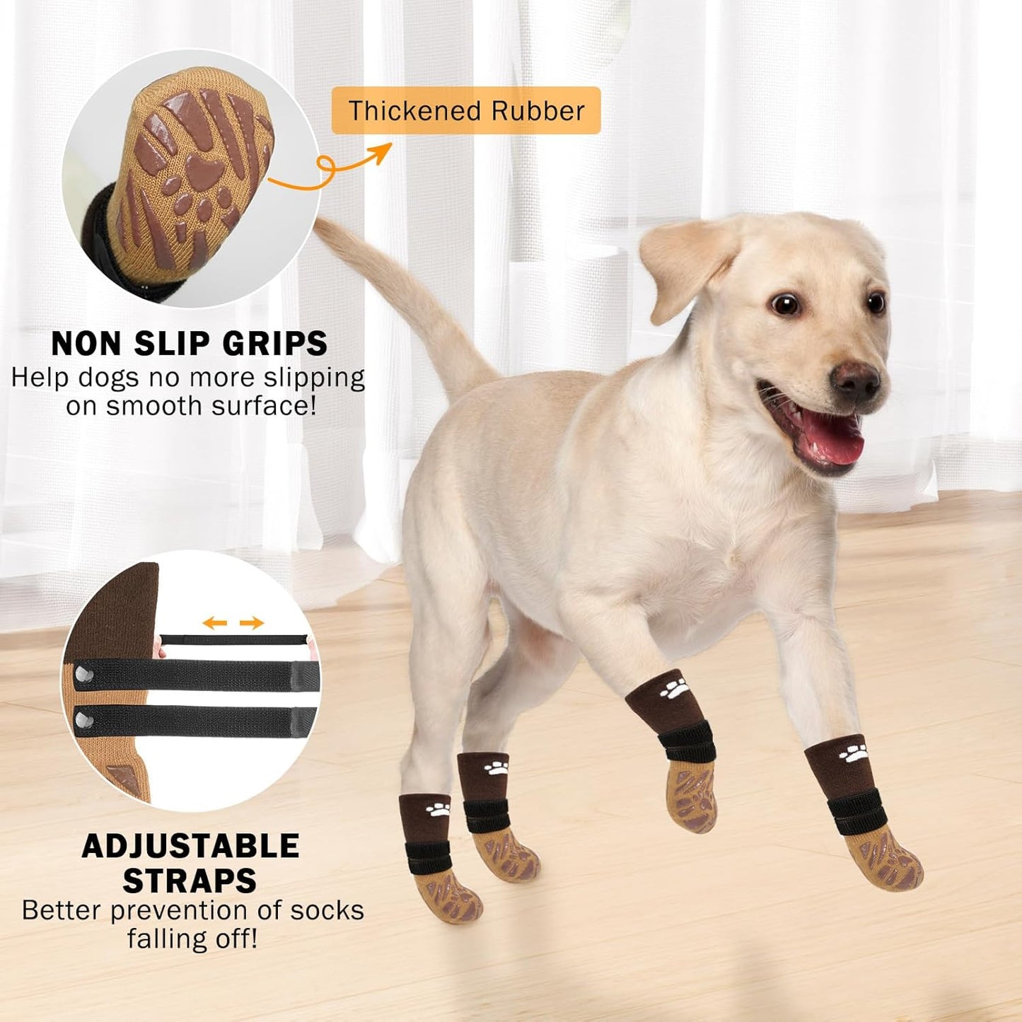 SCENEREAL Dog Socks with Grippers to Prevent Licking Paws for Hardwood Floors, 6 PCS Anti Slip Dog Grippy Socks for Senior Dogs, Winter Anti Slip Dog Paw Socks for Small Medium Large Dogs, Khaki S