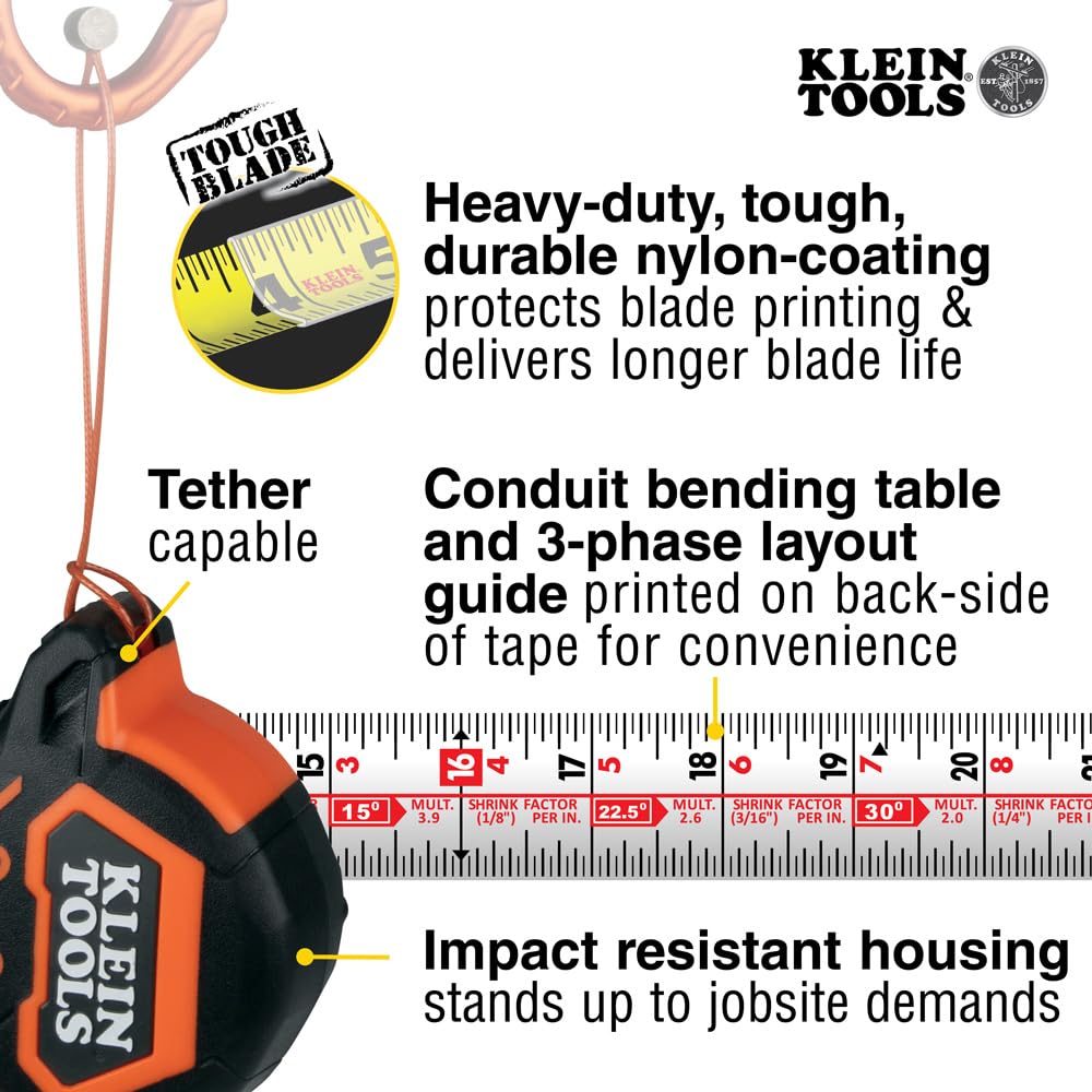 Klein Tools 9216 Tape Measure, Heavy-Duty Measuring Tape with 16-Foot Double-Hook Double-Sided Nylon Reinforced Blade, with Metal Belt Clip