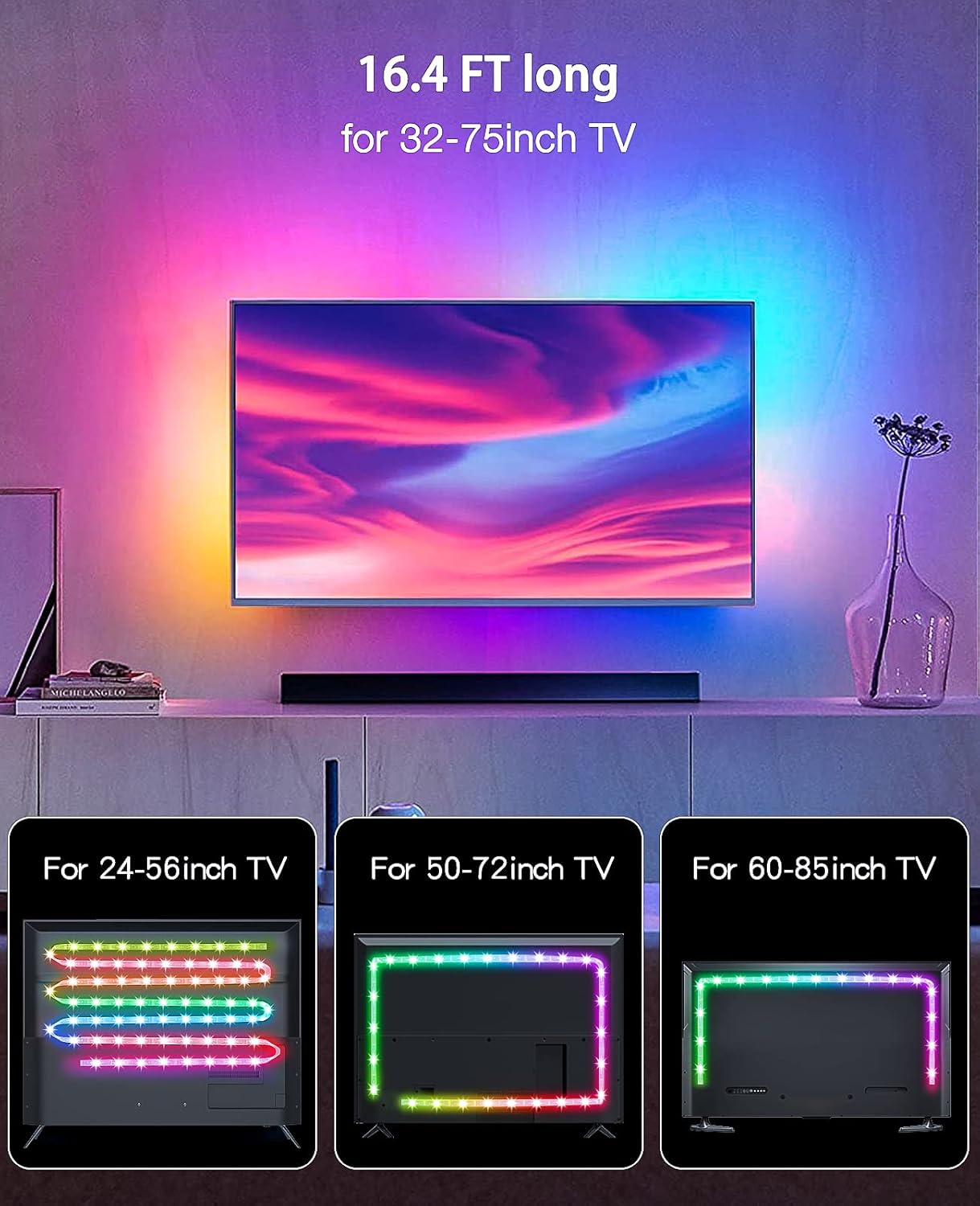 Daymeet TV Led Backlight, 16.4ft ICRGB LED Lights for TV Smart Led Lighting for 65-85inch Monitor, USB Led Lights Behind Backlight Sync with Music, Bluetooth APP Control with Remote