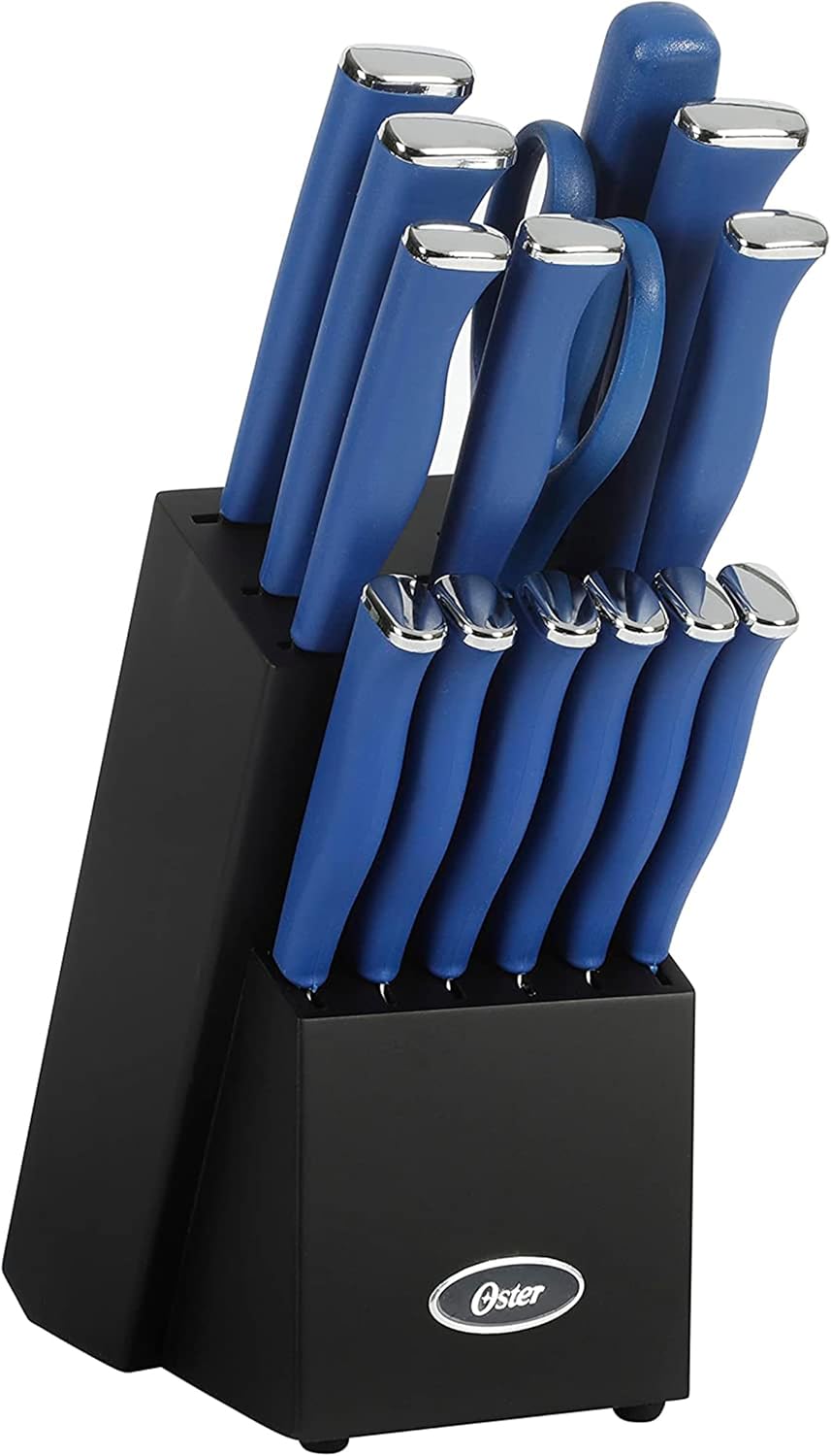 Oster Langmore 15-Piece Stainless Steel Cutlery Knife Block Set with Classic Blue Handles – Full Kitchen Knife Set in Black Storage Box