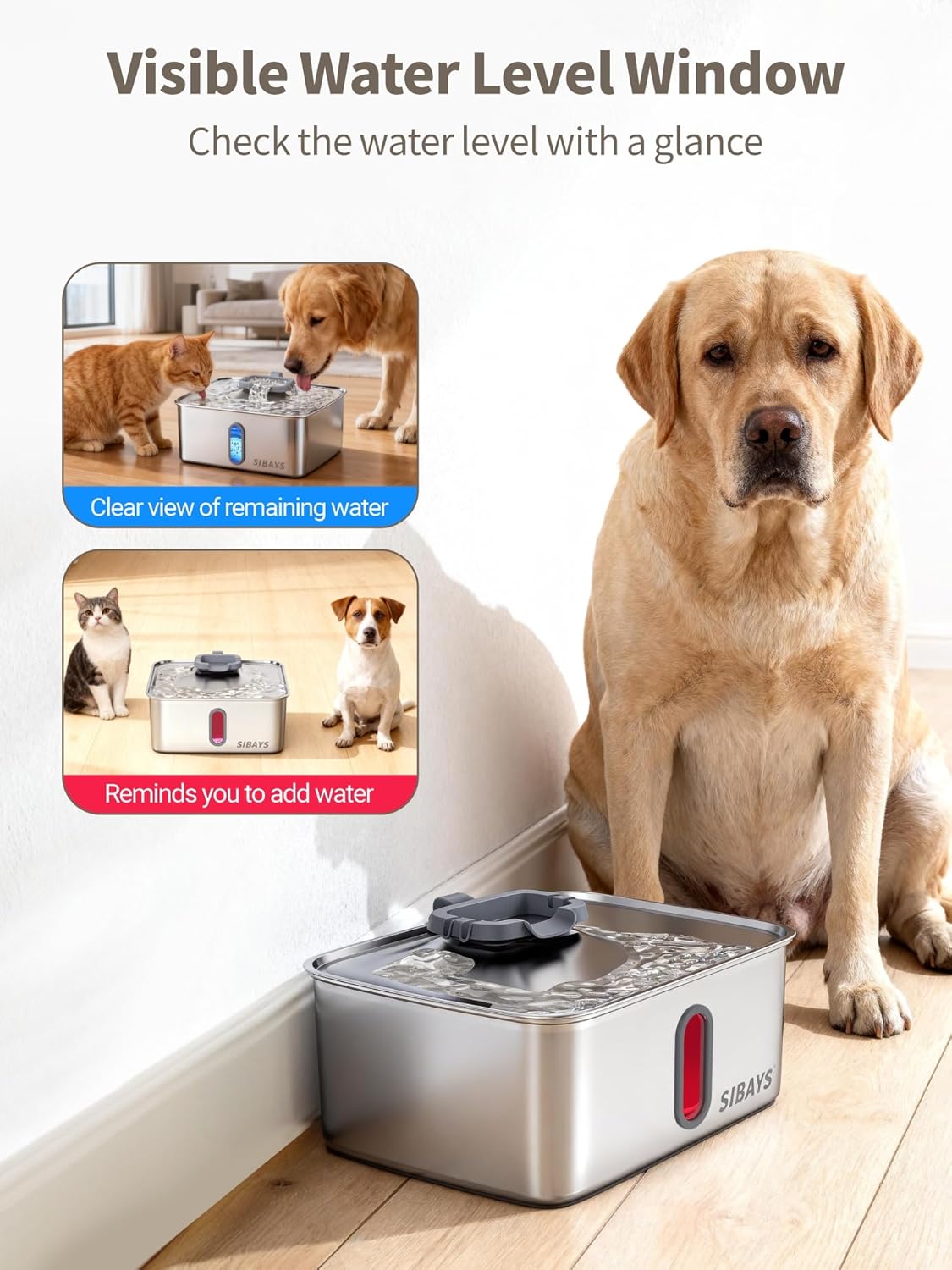 SIBAYS 4Gal/15L Dog Water Fountain for Large Dogs, Stainless Steel Large Pet Water Fountain, Ultra Quiet Automatic Dog Water Bowl Dispenser with Water Level Window and LED Light(FS78, Silver-Grey)