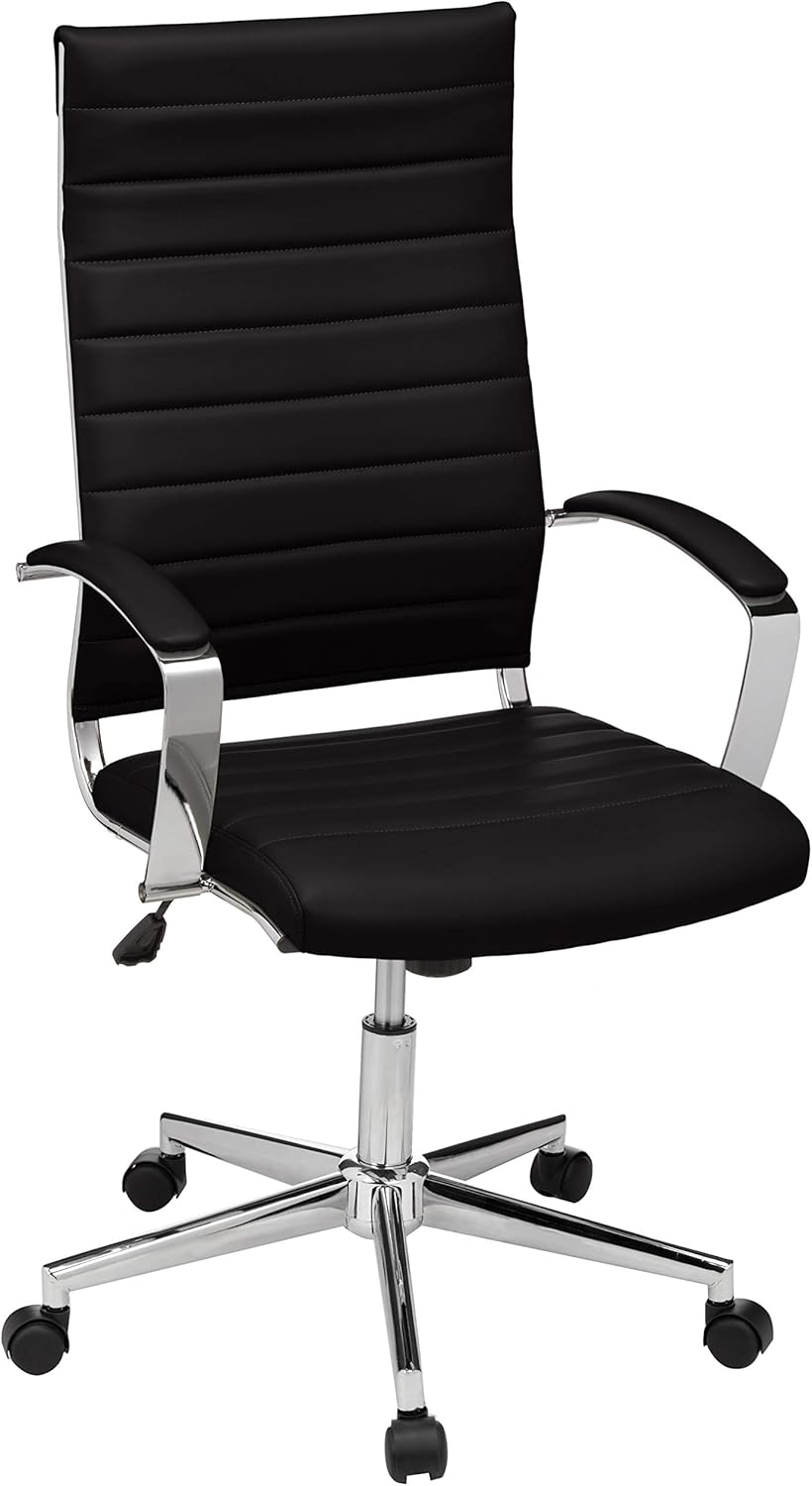 Amazon Basics High-Back Swivel Office Chair with Lumbar Support, Ergonomic Ribbed Faux Leather, Adjustable Height, 45.25" x 24.75" x 23.25", Black