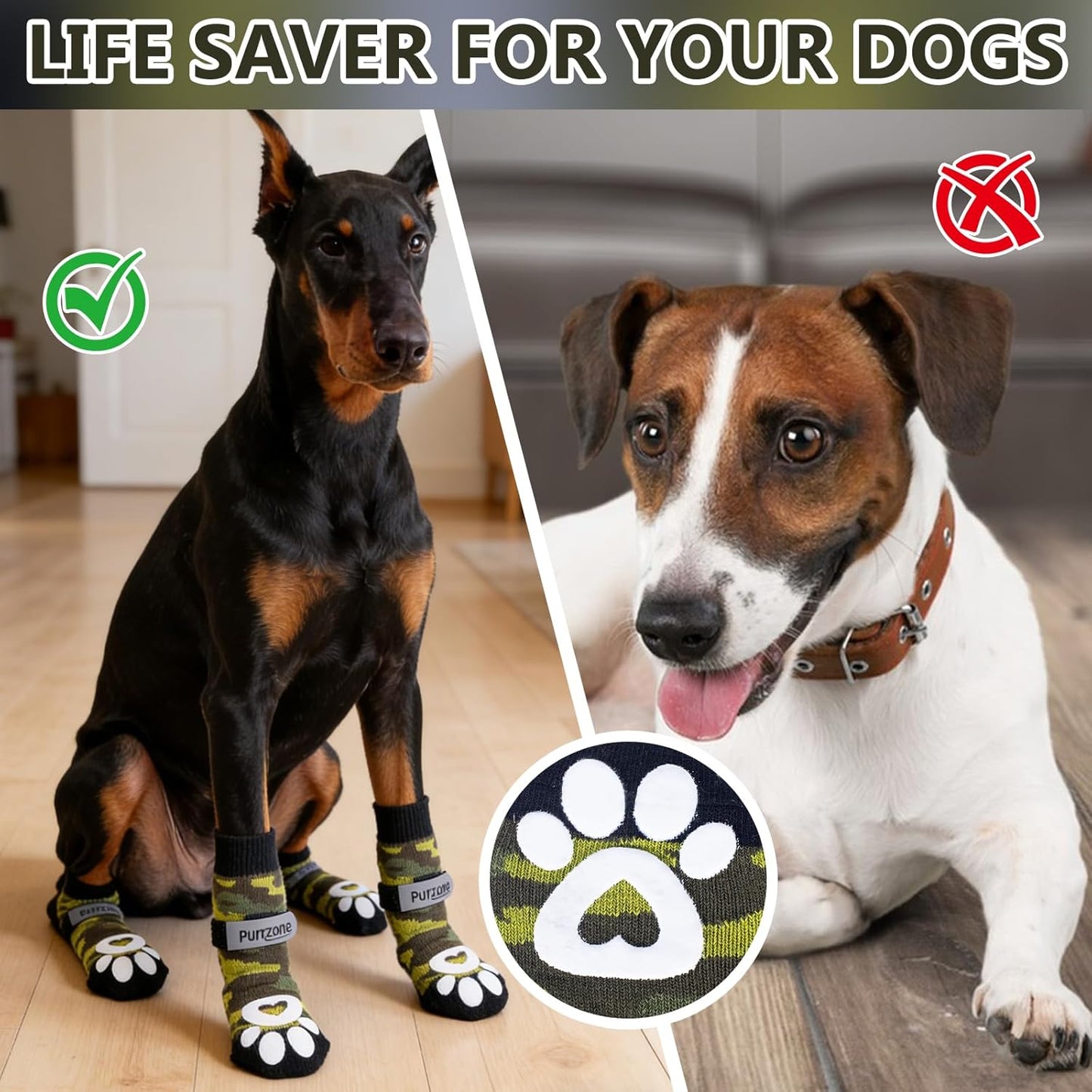 6 Pcs Non-Slip Dog Socks with Paw Grips Indoor, Cute Socks for Hardwood Floors, Winter Snow, Hot Pavement, Paw Protector Socks (Green Camouflage, Large)