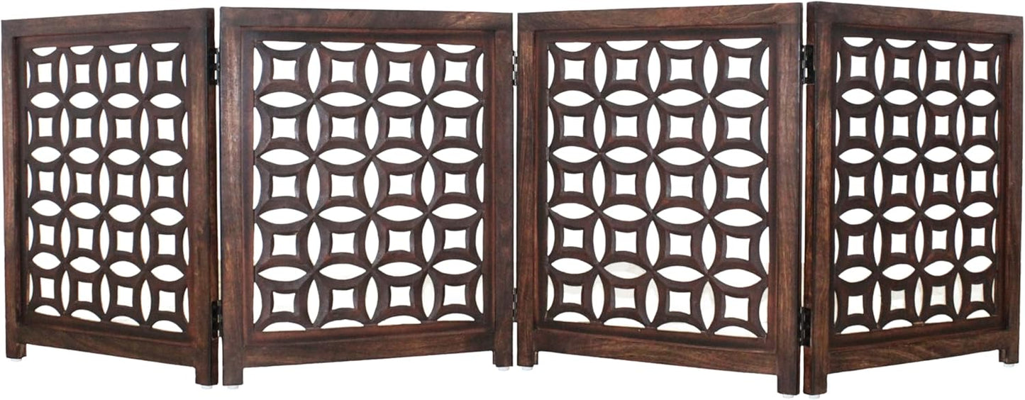 Wooden Foldable Pet Dog Safety Gate -4 Panels 20"Wx24"H- Hand Carved Solid Wood And MDF - Free Standing Portable Indoor Doorway Hall Stairs Dog Puppy Fence - Fully Assembled - Antique Brown -IRONGATE