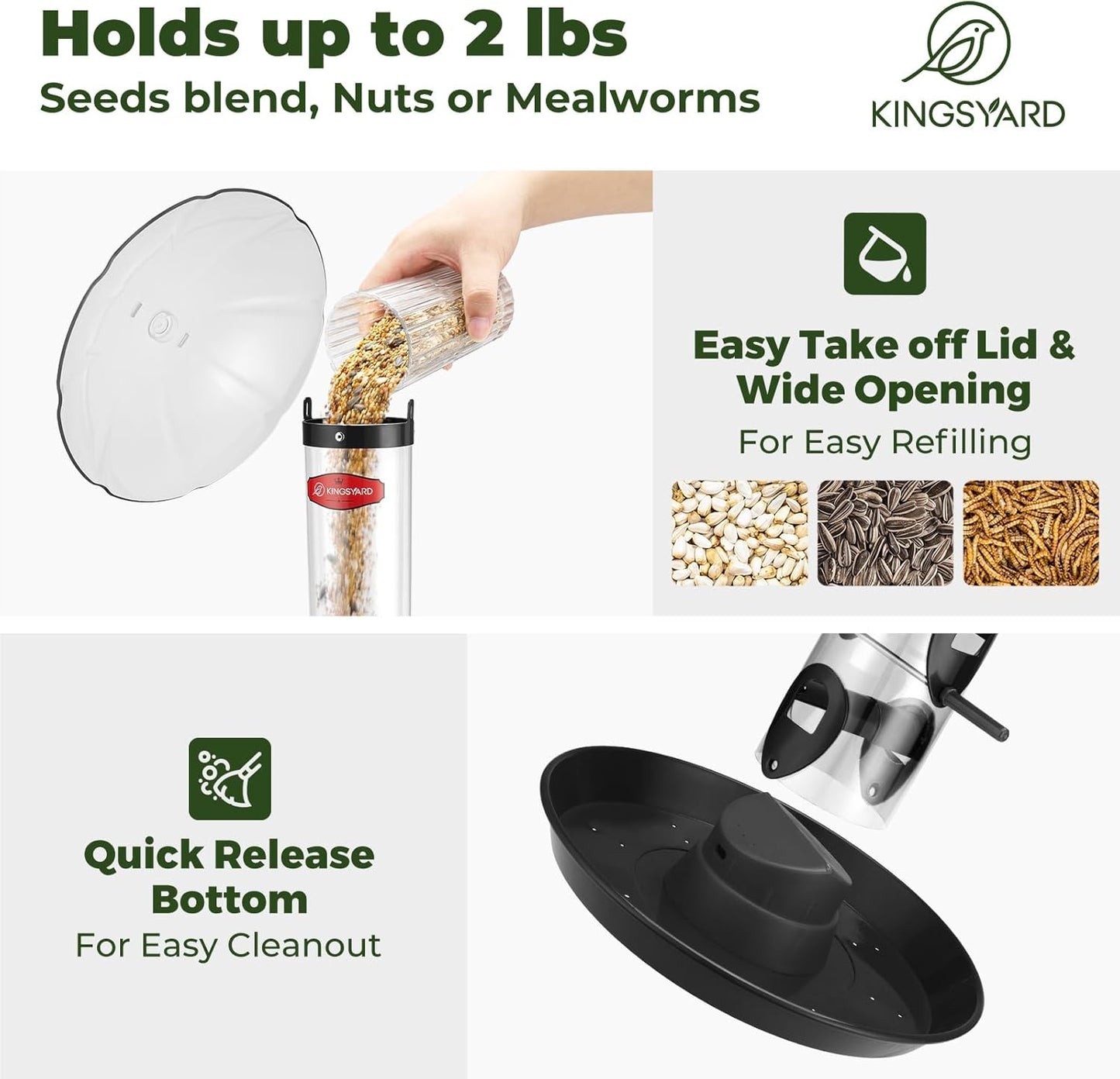 Kingsyard Metal Bird Feeders for Outdoors Hanging, Wild Bird Feeder with Large 11.5" Protective Dome and 8" Removable Tray, 3 lb Seeds Capacity (Black)