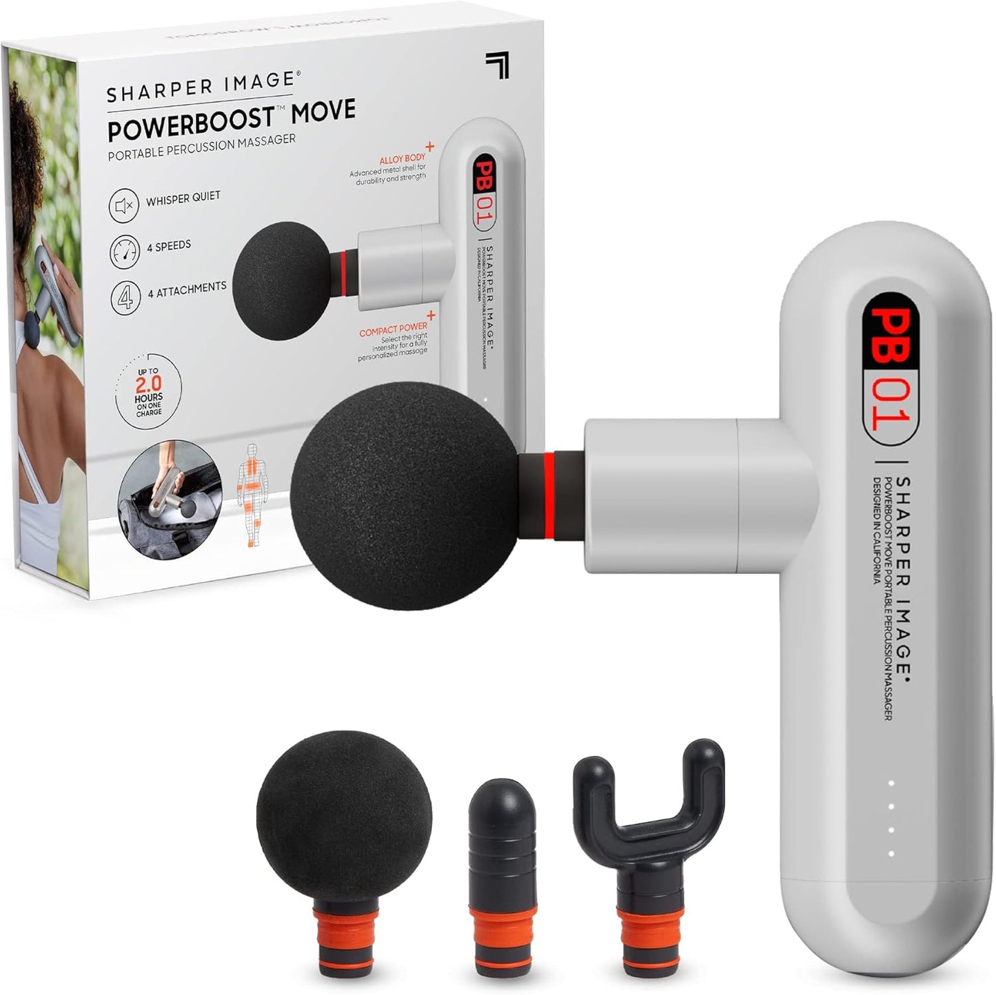 Sharper Image Powerboost Move - Mini Percussion Massage Gun| 4 Attachments, 4 Speeds, FSA Eligible| Full Body Back & Shoulder Massager| Deep Tissue Muscle Recovery| Portable Pain Relief Massage Tool