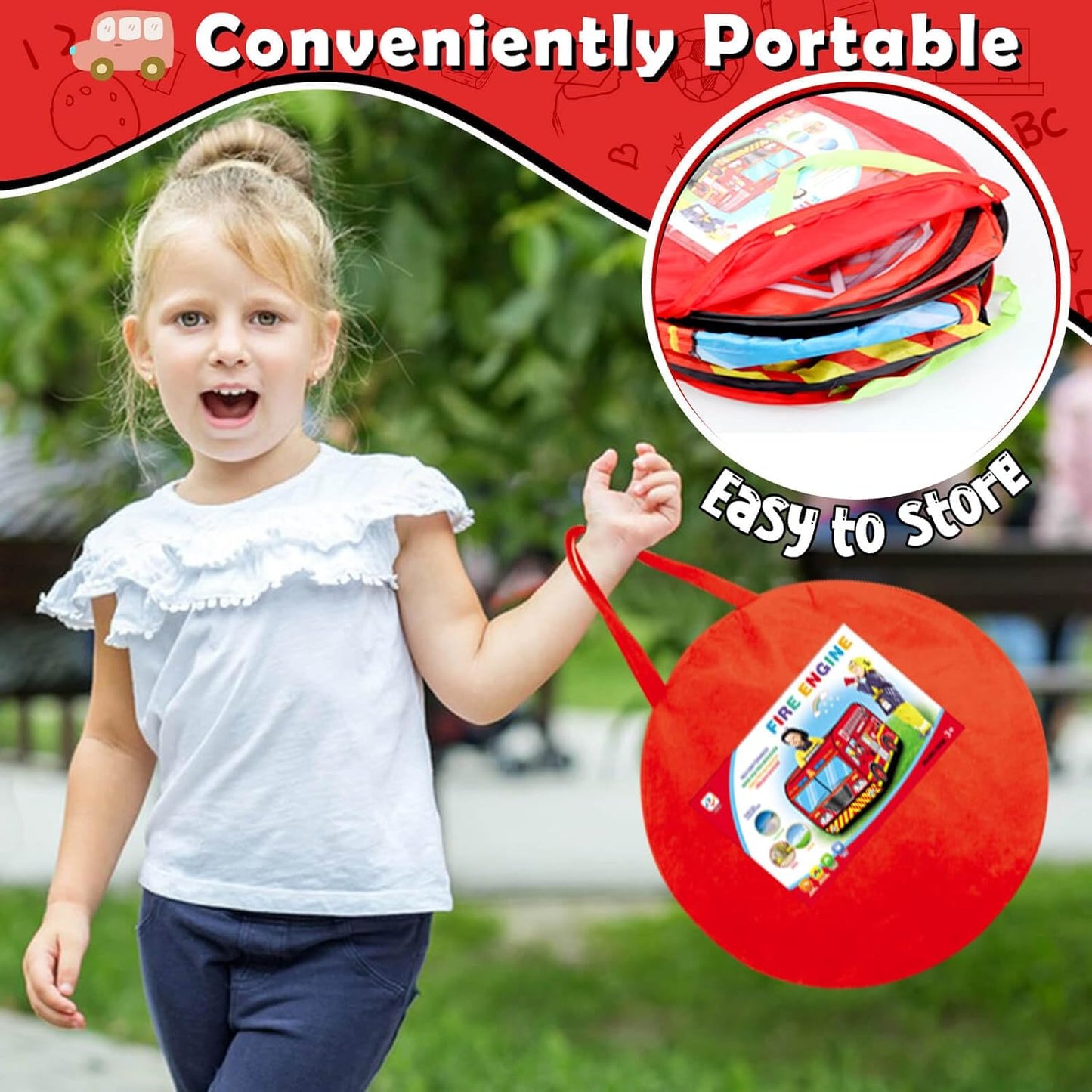 Pop Up Play Tent for Kids Aged 3-5 Years Old Boys and Girls : Fire Truck Tent Playhouse Toy Play Tents for Toddlers 3-5 Kids Tent Indoor Outdoor Playhouse Toys for 3 + Year Old, Fire Truck