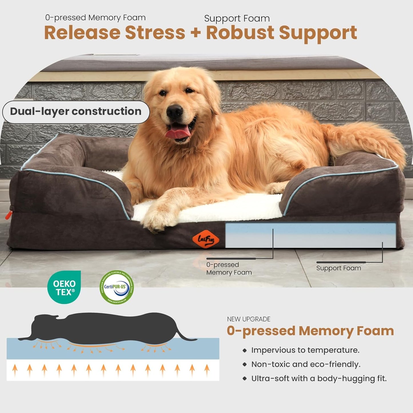 Laifug Large Orthopedic Premium Memory Foam Dog Bed, Dog Sofa with Washable and Removable Suede Cover, Waterproof Liner and Non-Slip Bottom Grey, Large(40''x32''x9'')