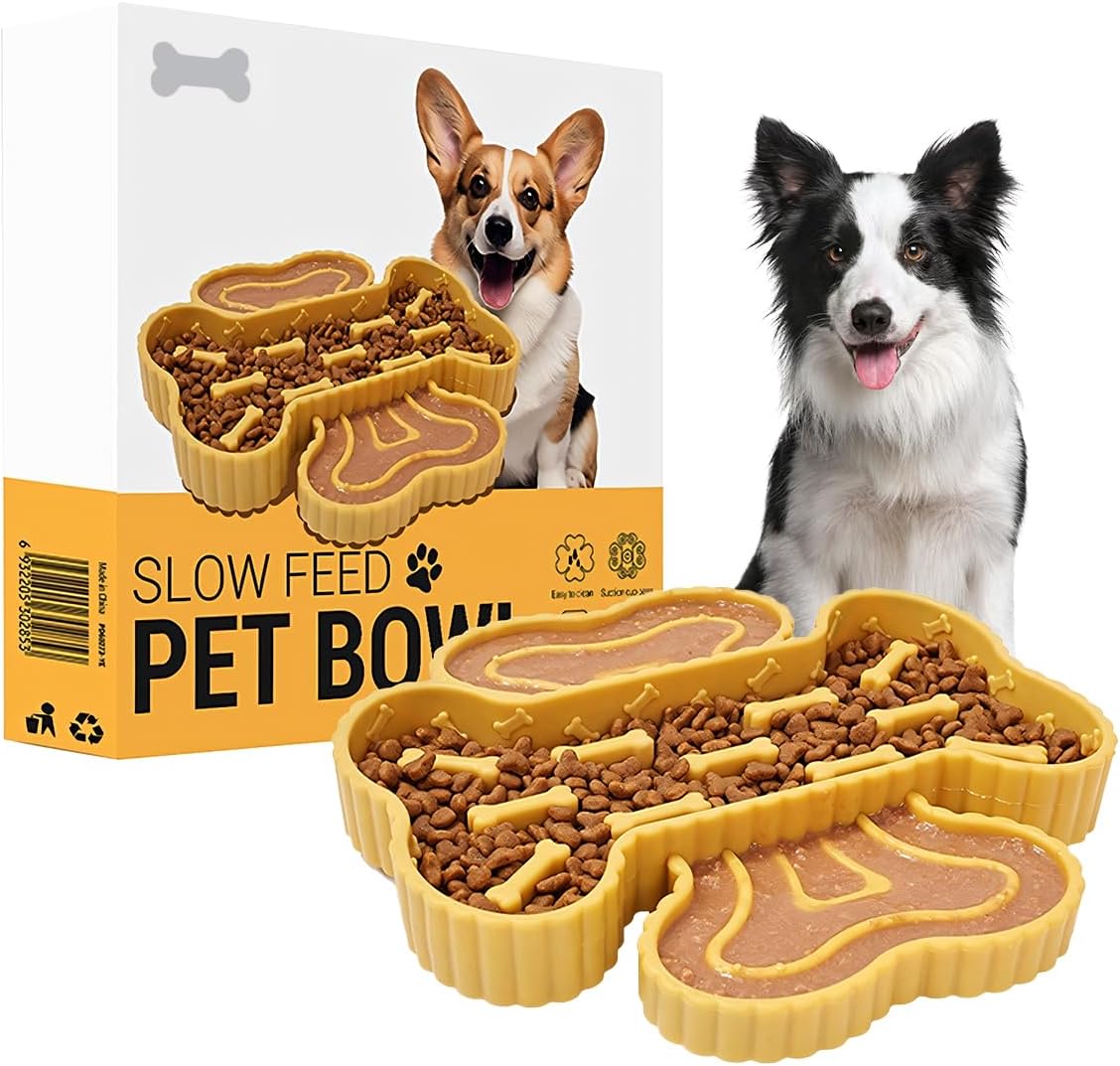Healthy Slow Feeder Dog Bowl for Fast Eaters - Anti-Gulping Puzzle Feeder with Strong Suction Cups, BPA-Free Pet-Safe Bowl, Dry/Wet Food Compatible for Dog&Cat Yellow (Prevents Bloat & Indigestion)