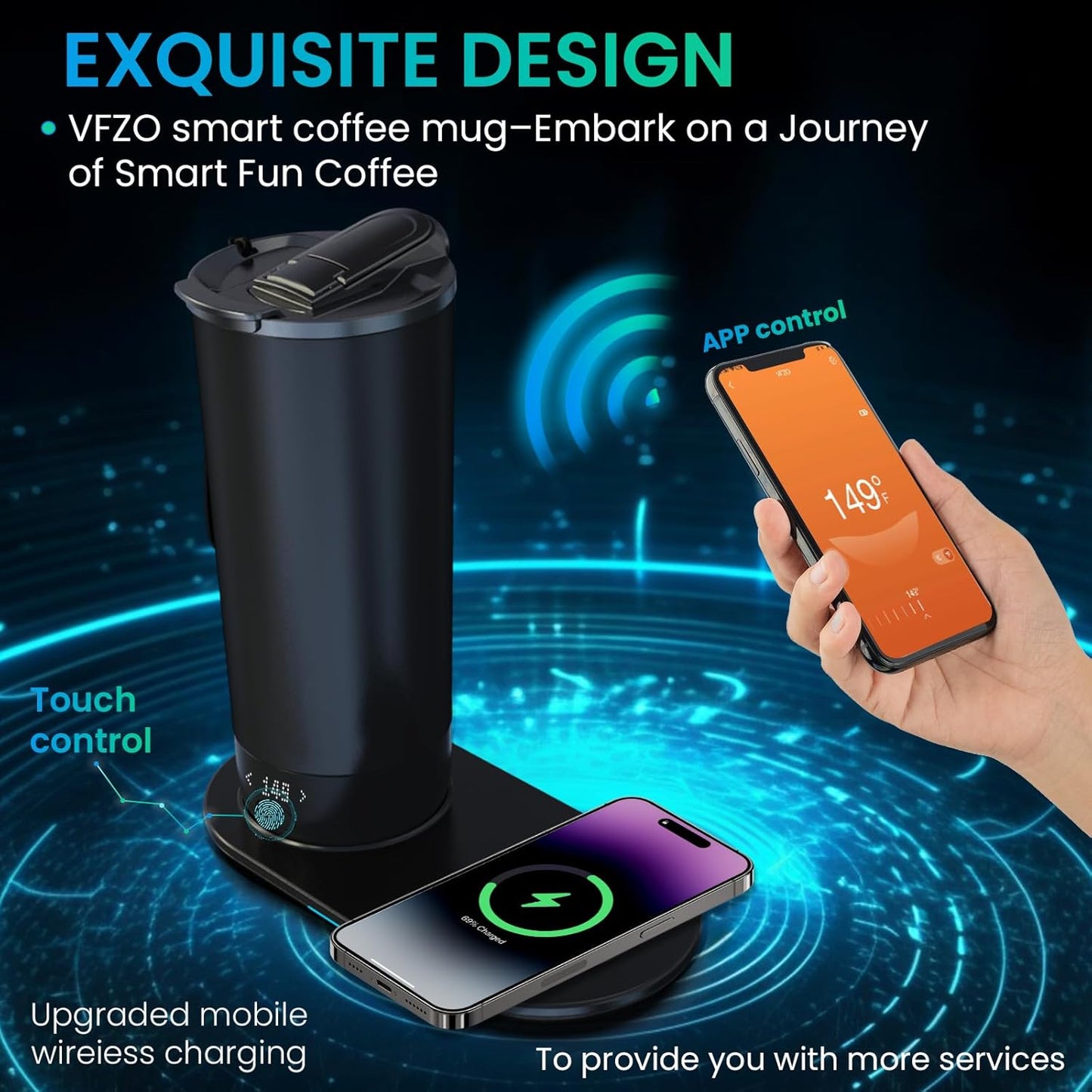 Temperature Control Heated Travel Mug Smart Self Heating Coffee Mug 20 Oz App Controlled LED Display coffee serving sets mug kept at a constant temperature for 4-10 hours (Black, 20 oz)