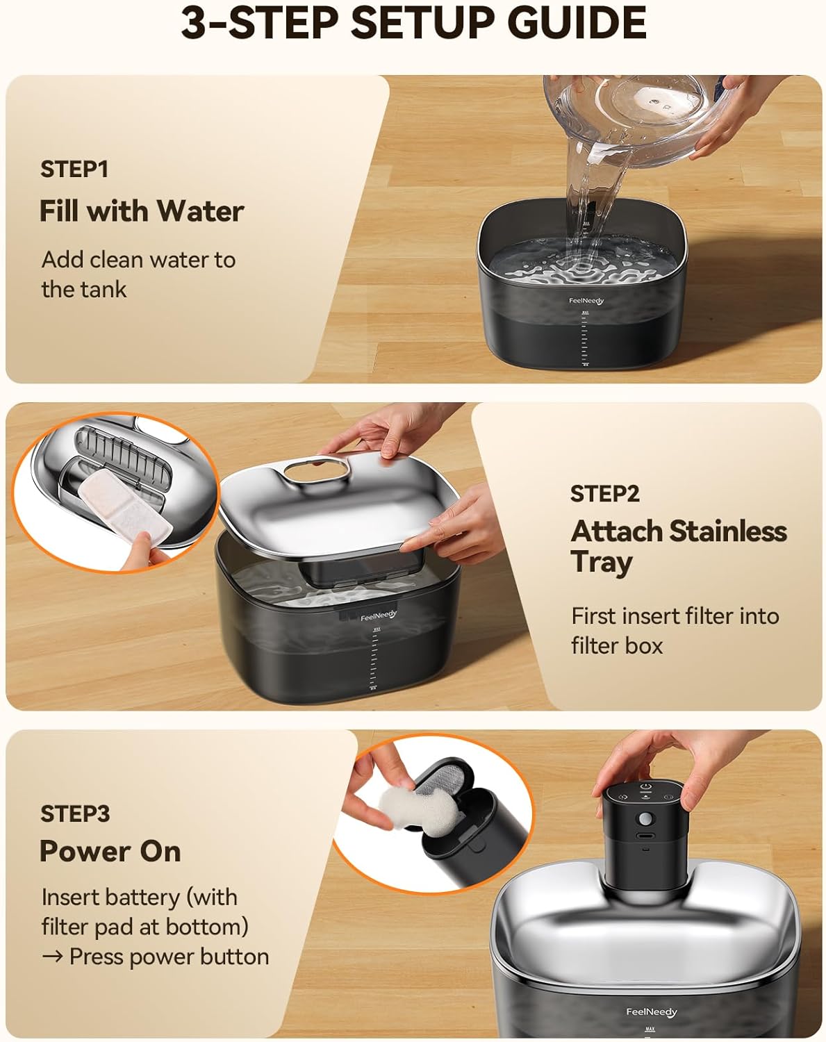 FEELNEEDY Wireless Cat Water Fountain, No Pump for Easy Cleaning, 4000mAh Detachable & Rechargeable Battery, Motion Sensor with Low Water & Power Alerts - Includes 6 Filters (4L/135oz)