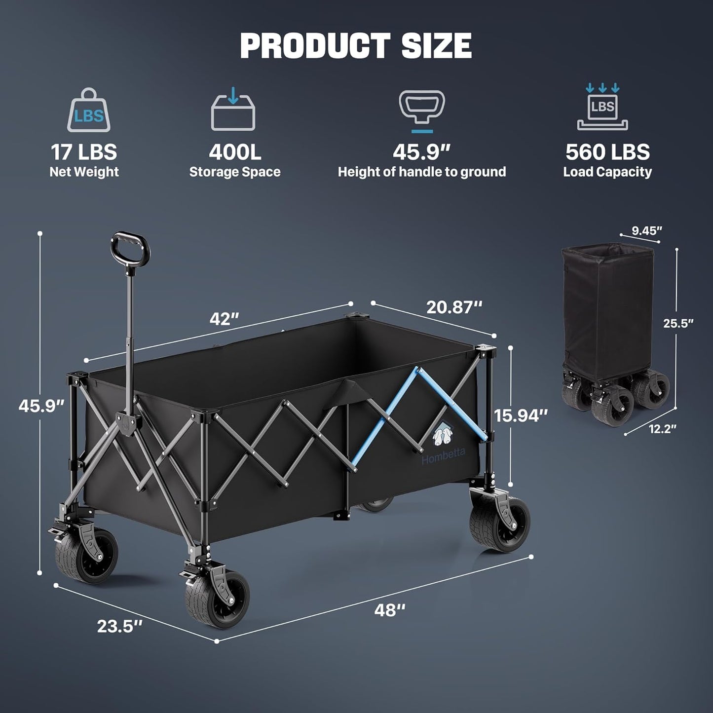 Homebetta XL Collapsible Wagon Cart，48" Heavy Duty Collapsible Utility Wagon with All-Terrain Big Wheels, 560LBS Folding Wagon for Garden, Moving,Glamping, Beach, Gift