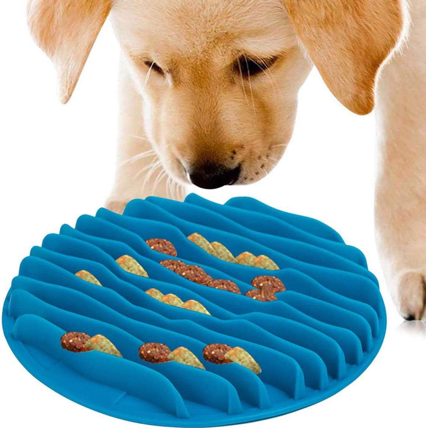 Buyter Silicone Interactive Pet Slow Feeder Cat Dogs Fun Food TPR Wave Bowls Anti Choking Feeding Supplies (Blue, L)