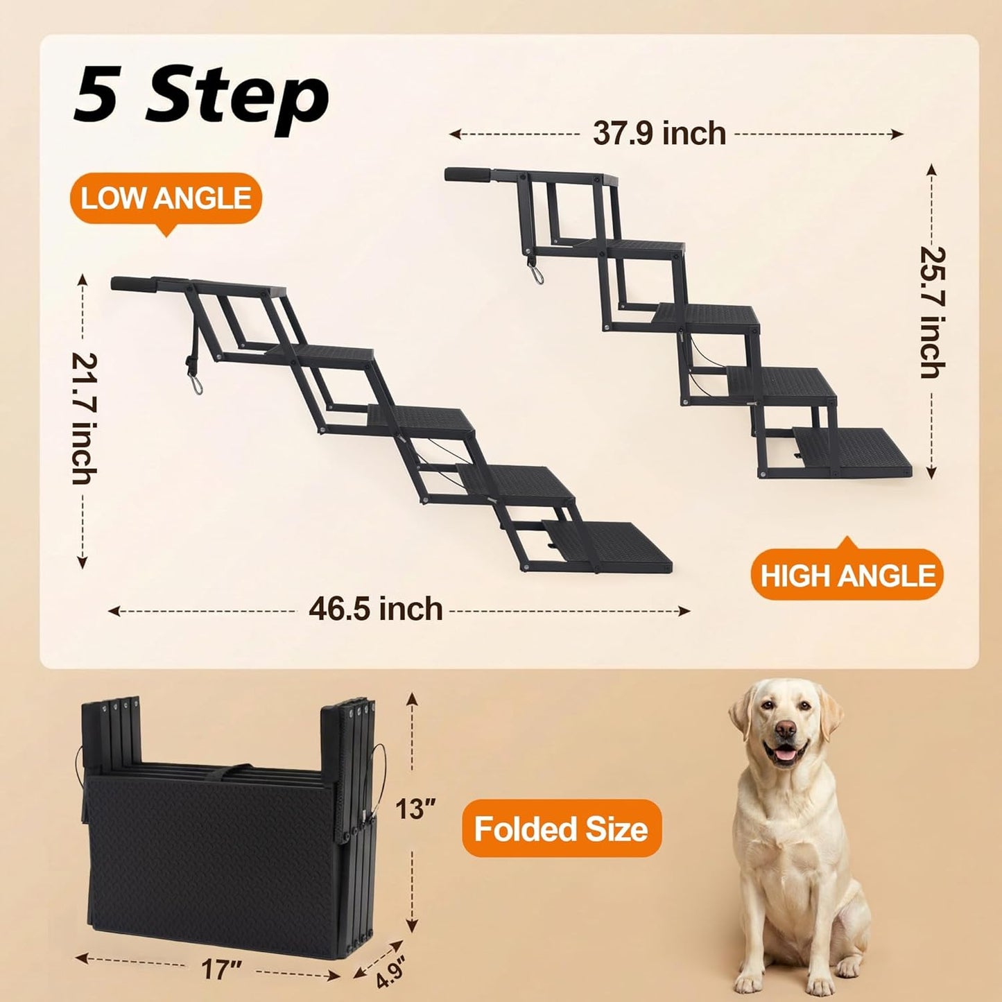 Dog Stairs for Car, Foldable Dog Steps for Large Dogs, 5-Step Ultra-Lightweight Non-Slip Dog Ramps Supports Up to 200 lbs, Suitable for SUV,Truck, Sofas, Bed