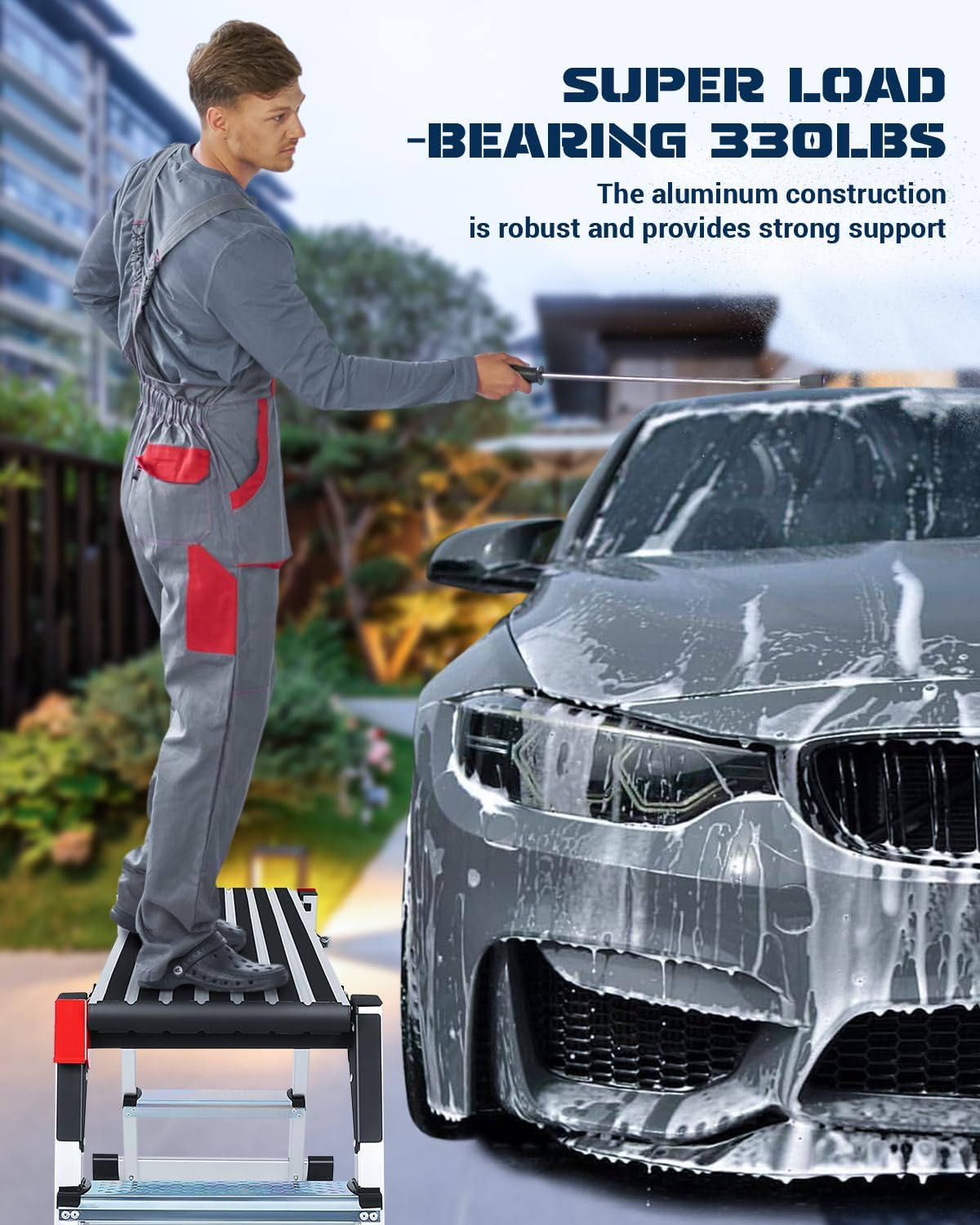 Aluminum Work Platform, Folding Work Platform, 45"×12"×27" 𝐓𝐰𝐨 𝐒𝐭𝐞𝐩 Ladder, Heavy Duty Work Platform Step Ladder Capacity 660 lbs Above for Washing Vehicles, Cleaning, Decorating