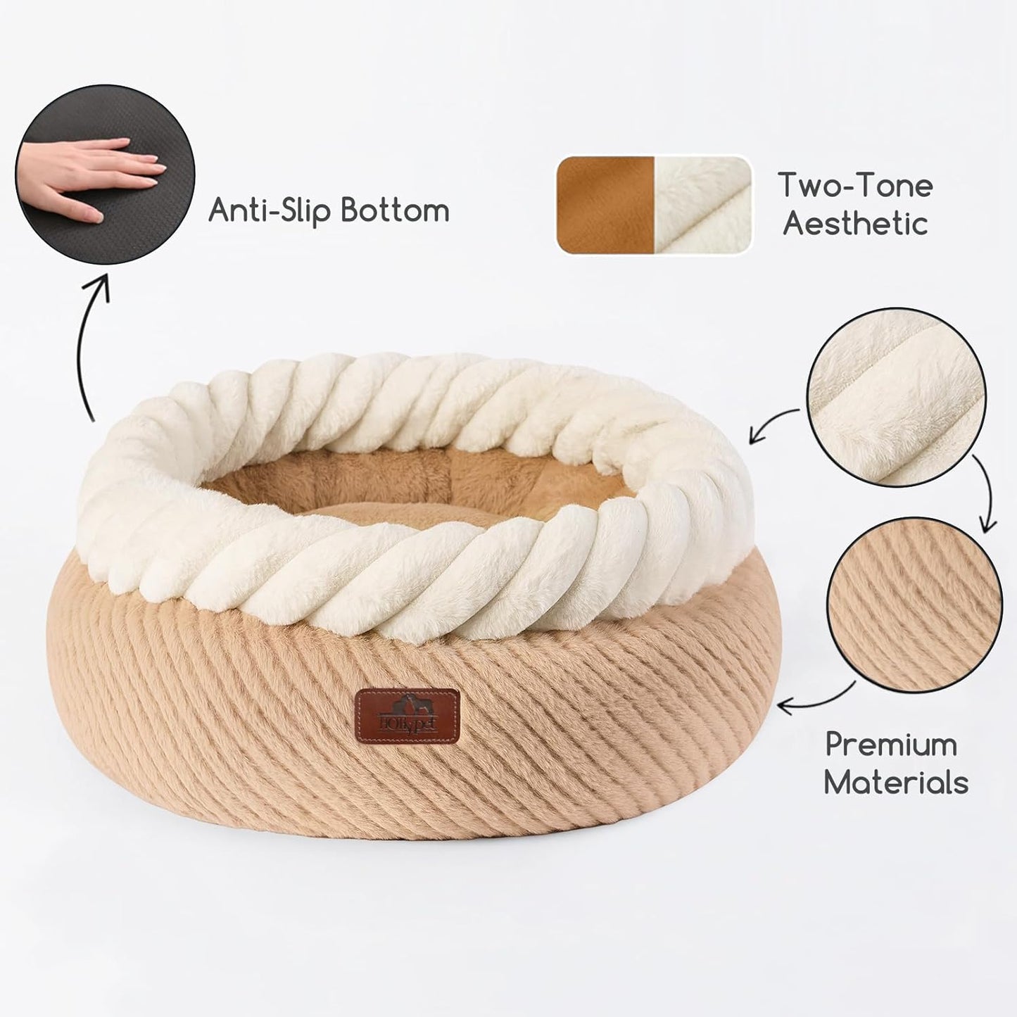 Hollypet Cat Bed for Indoor Cats Kitty Beds, Round Washable Fluffy Small Dog Bed, Soft Cozy Plush Pet Beds for Puppy and Kitten with Non-Slip Bottom (20" Diameter, Oatmeal)