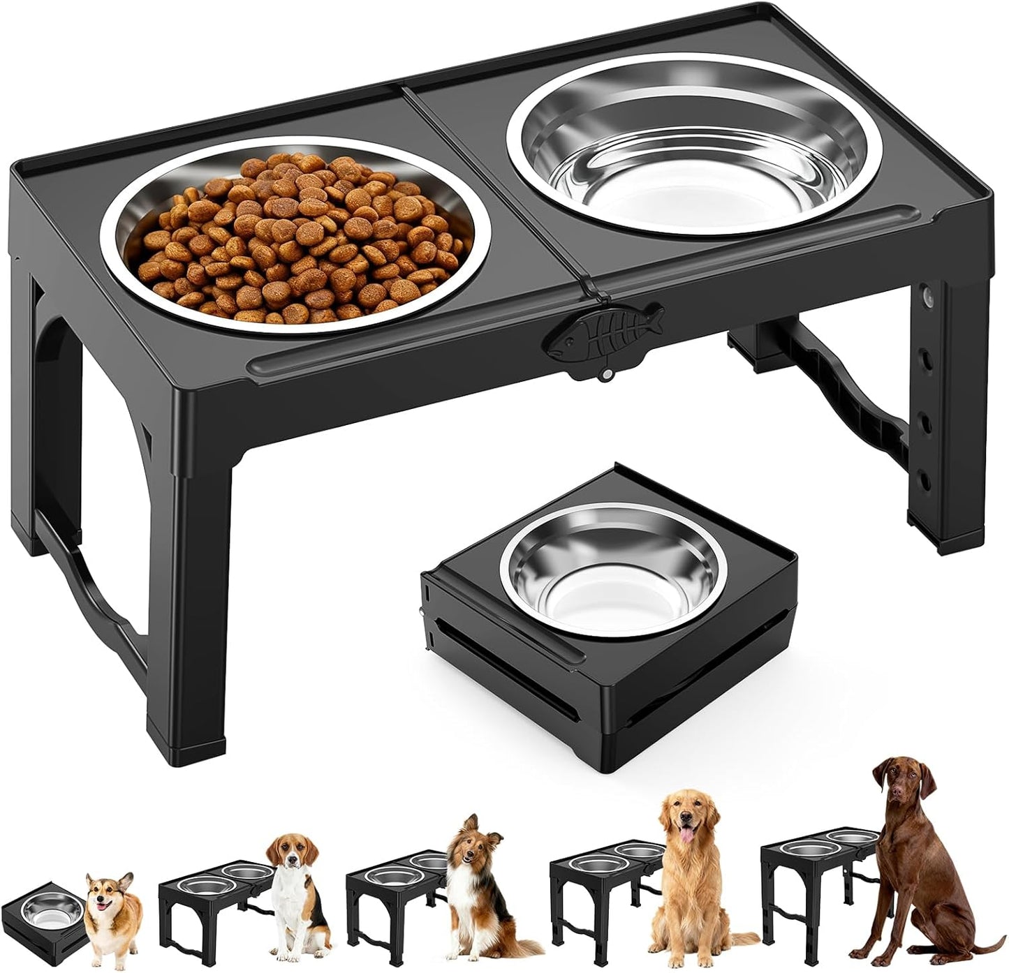 Elevated Dog Bowls Stand with 5 Heights from 3.8" to 13.4", Raised Dog Bowl Suitable for Medium & Large Sized Dogs, Adjustable Pet Food Stand with 2 Stainless Steel Bowls, Foldable Feeder, Black