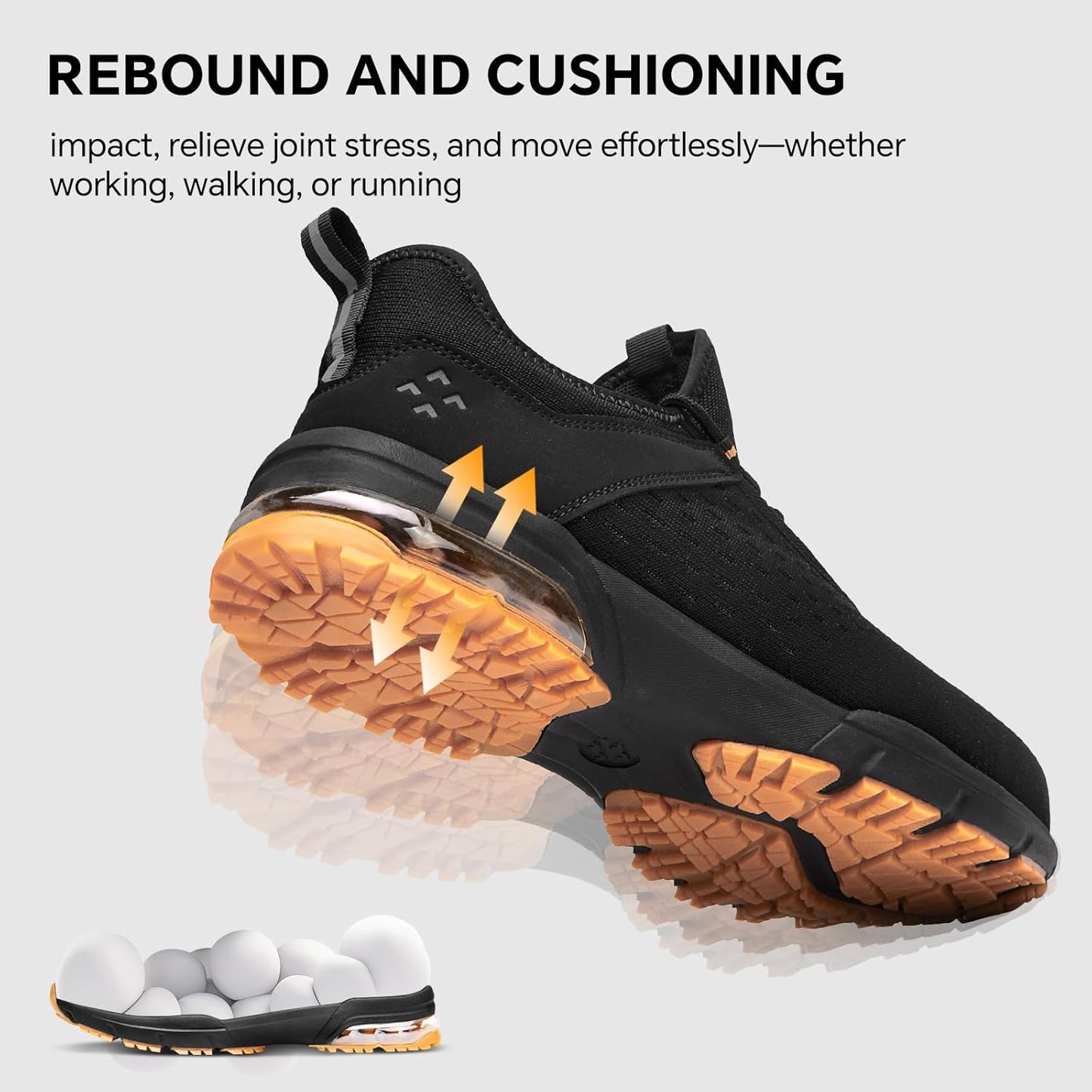 SPIEZ Safety Shoes for Men Women - Air Cushion Non-Steel Composite Toe, Lightweight Fashion Sneaker Design,Slip-On with Adjustable Laces, All-Day Protection, Black Orange US 6-13.5