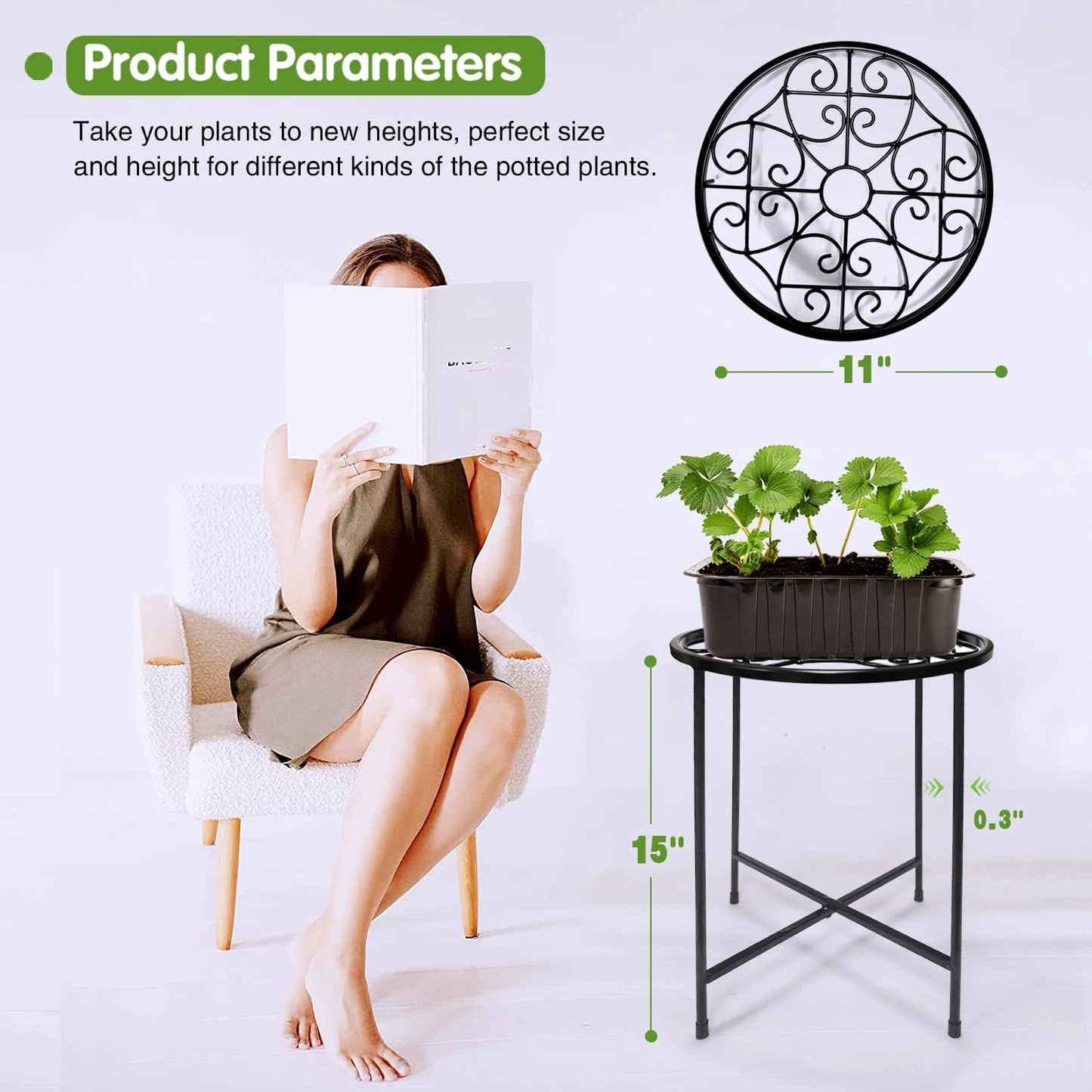 15" Tall Metal Plant Stand, 11" Wide Round Plant Stand for Flower Pots Up to 100lbs, Rustproof Iron Plant Holder for Indoor Outdoor Use, Easy Assemble Flower Stand for Home Garden Display Greenery