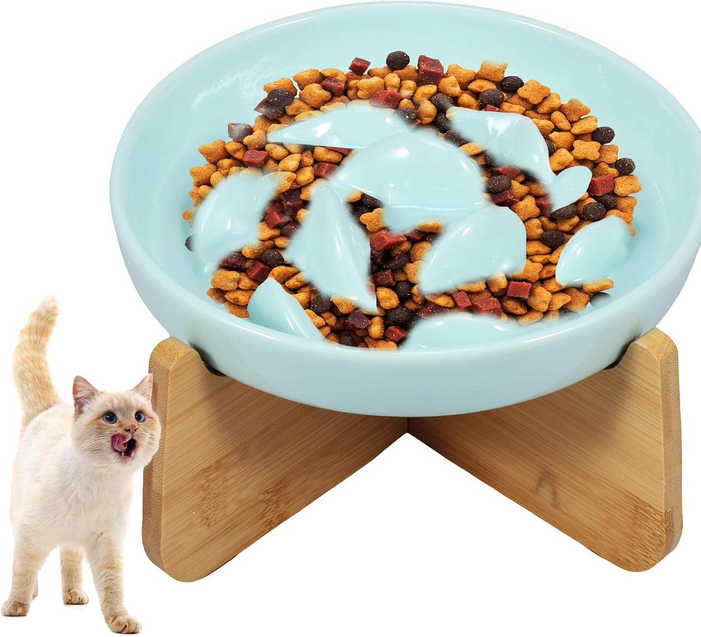 Raised Cat Bowl Elevated Cat Bowls with Wood Stand Ceramic Raised Cat Slow Feeder Bowl 6.4×1.14 Inch Cat Feeding Bowl Anti Vomiting Cat Food Bowl Non-Slip Slow Eating Cat Bowl Cat Dish Feeder