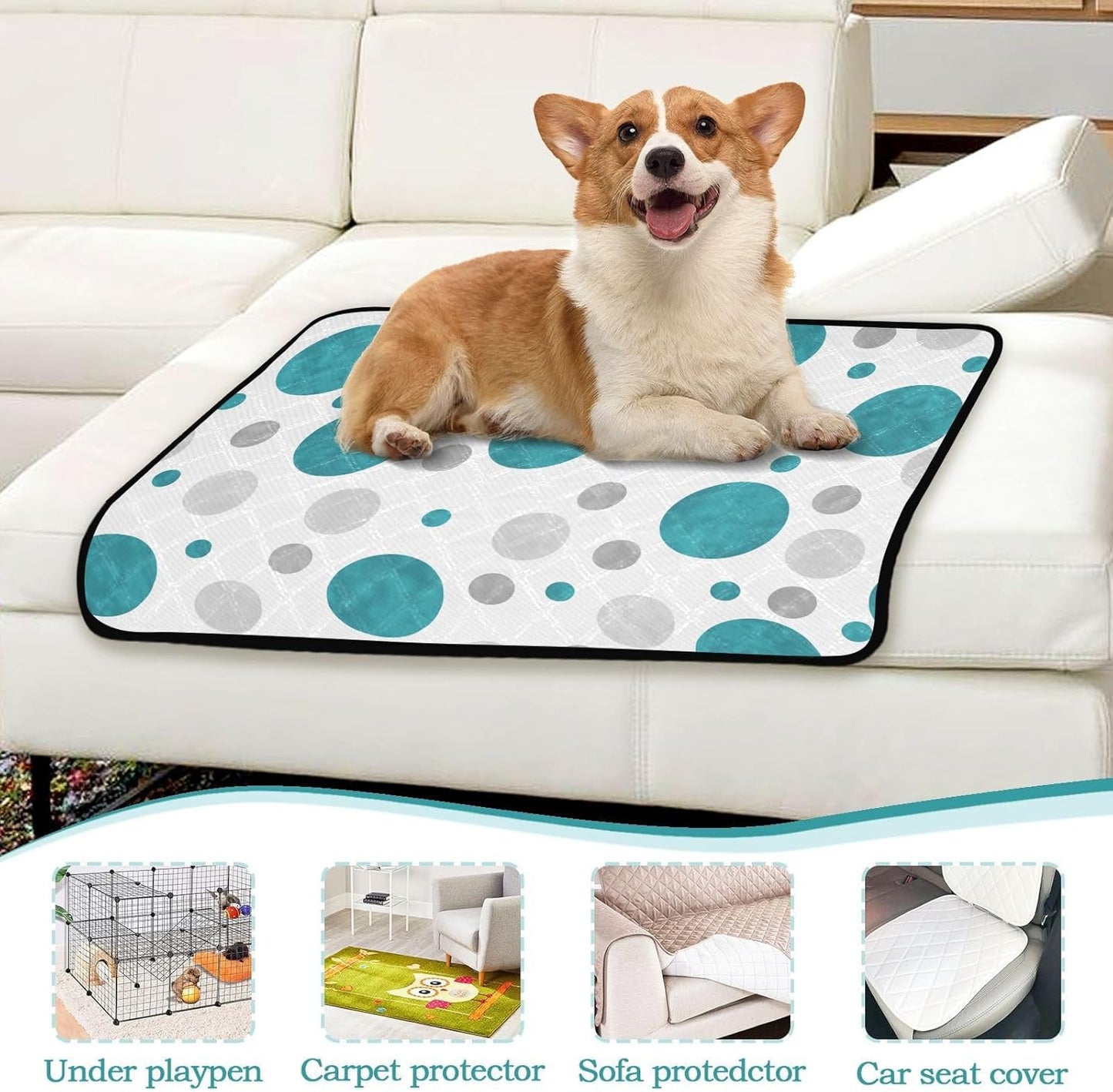 susiyo 3 Pcs Small Washable Pee Pads for Dogs Teal Gray and White Polka Dots Pattern Absorbent Reusable Puppy Training Pads