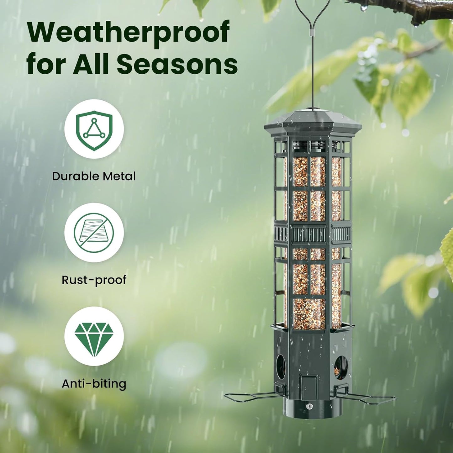 Squirrel Proof Bird Feeder for Outdoors, Gravity Spring Hanging Metal Bird Feeder, 3 Port, Chew-Proof & Weather Resistant, 3LB Large Capacity, Attract Wild Birds, Green