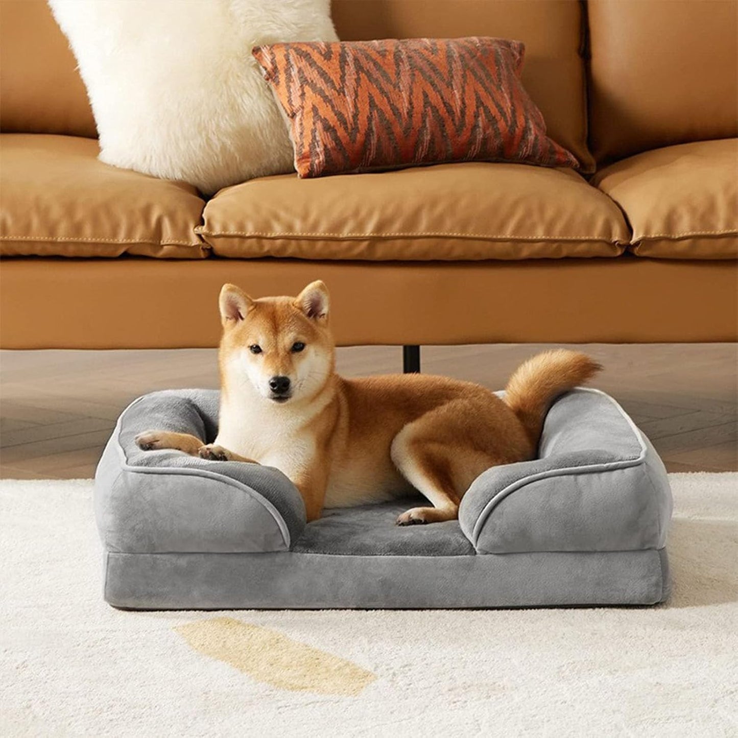 Medium Dog Couch Beds - Washable Orthopedic Dog Beds and Couch with Removable Flannel Zipper Cover (Brown M: 72 * 57 * 18cm/28 * 22.4 * 7inch) (Gray M: 72 * 57 * 18cm/28 * 22.4 * 7inch)