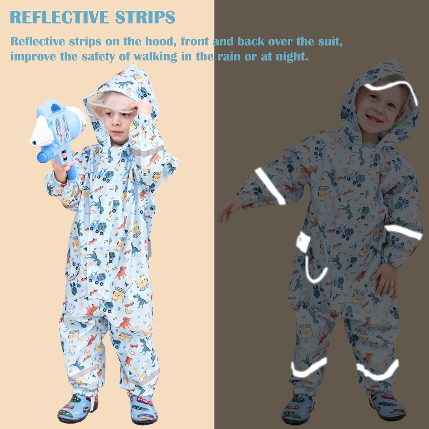 Kids Toddler Rain Suit for Boys Girls One Piece Hoodie Zipper Cartoon Waterproof Coverall Rain Jacket 1-10 Years