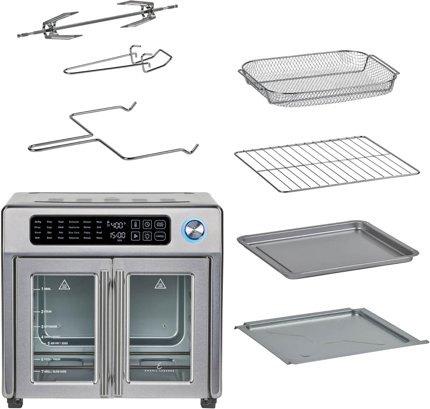 Emeril Lagasse Extra Large French Door Air Fryer Toaster Oven Combo, 24 Cooking Functions and Digital Controls, 7 Accessories Included, Stainless Steel Finish, 26QT Capacity