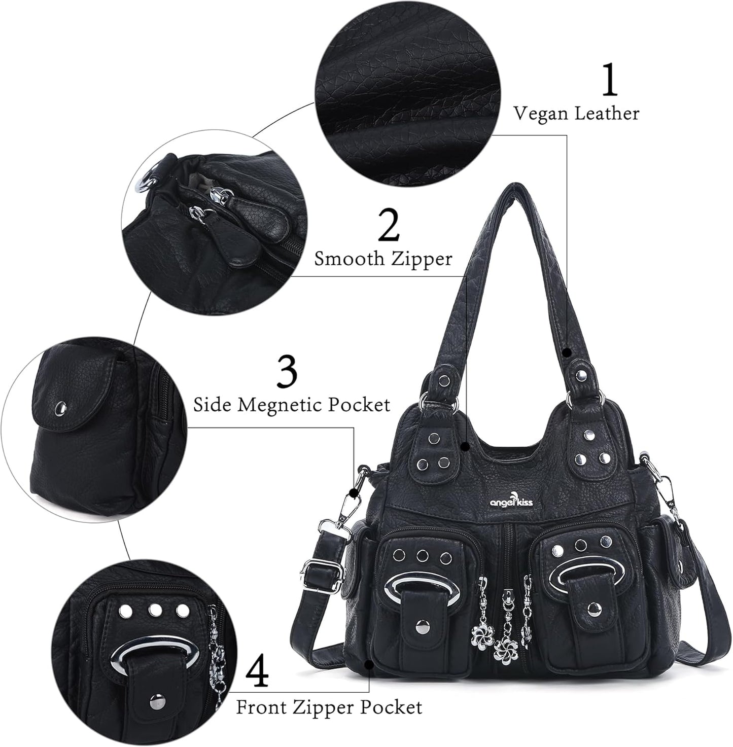Angel Kiss Small Hobo Purses for Women, Washed Vegan Leather Multi-Pocket Purse, Shoulder Handbag with Adjustable Strap