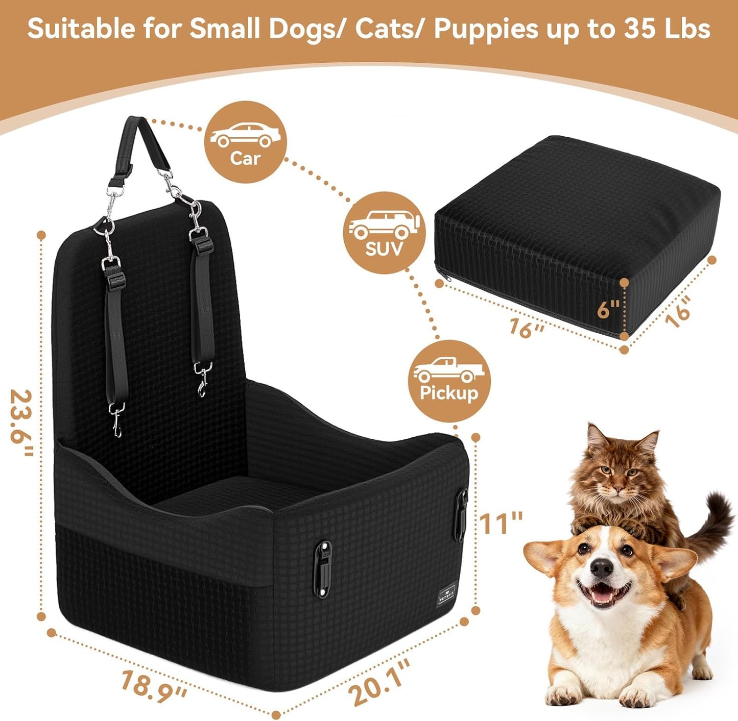 PETSFIT Dog Booster Car Seat for Small/Medium Dogs Up to 35 lbs – Patented Safety System, 6" Memory Foam Pet Car Seat, Fully Detachable and Washable Cover, Front/Back Seat Travel Booster (Black)