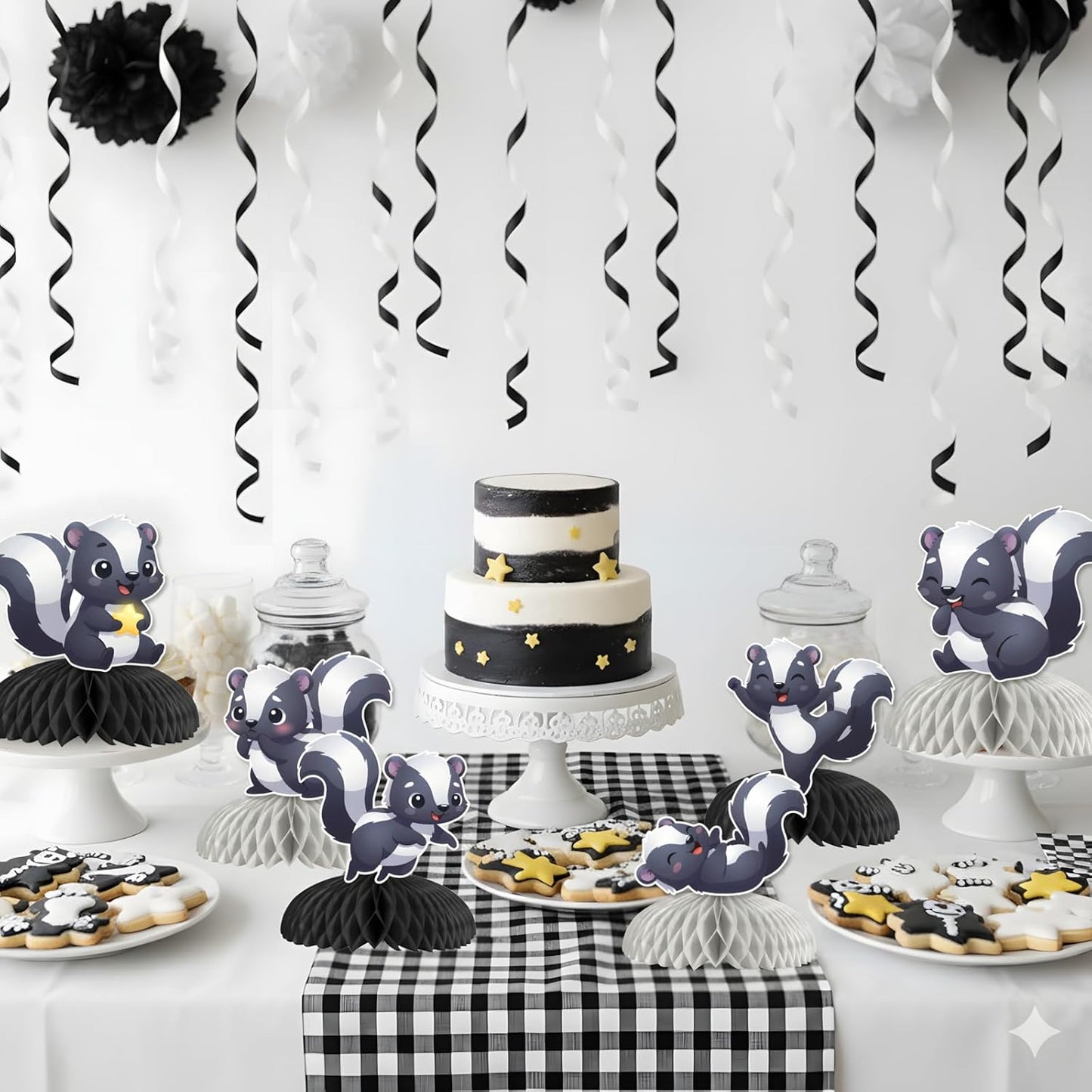 8 Pcs Skunk Table Centerpieces Skunk Party Decorations Woodland Animal Honeycomb Centerpieces Neutral Jungle Forest Wild Animal Themed Table Toppers for Kids Baby Shower Birthday Party Supplies