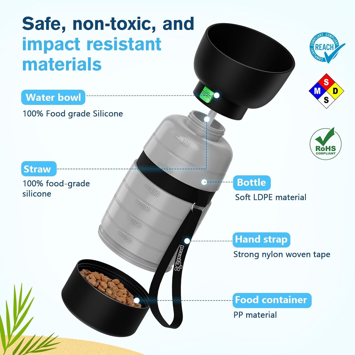 Pecute Upgraded 22 oz Dog Water Bottle with 5 oz Food Container, Portable Dog Travel Water Bottle Dispenser, Leakproof, BPA Free, Lightweight, Pet Water Bottle Bowl for Outdoor Walking Hiking Camping