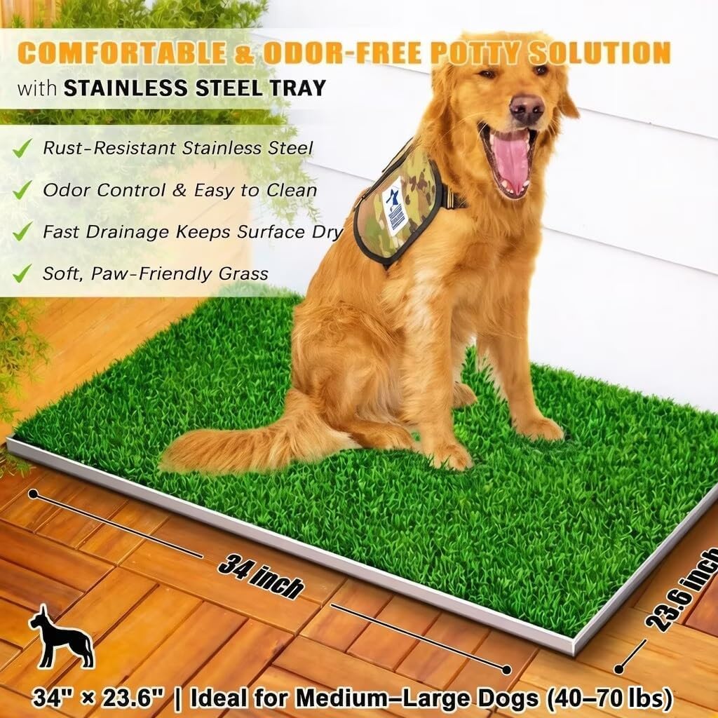 Upgrade Stainless Steel Dog Grass Pad with Tray, 34"x 23.6"Potty Training System for Dogs, 4-Layer Quick Drainage & Odor Control, Heavy Duty Indoor Outdoor Grass Turf for Balcony, Porch, Home Use