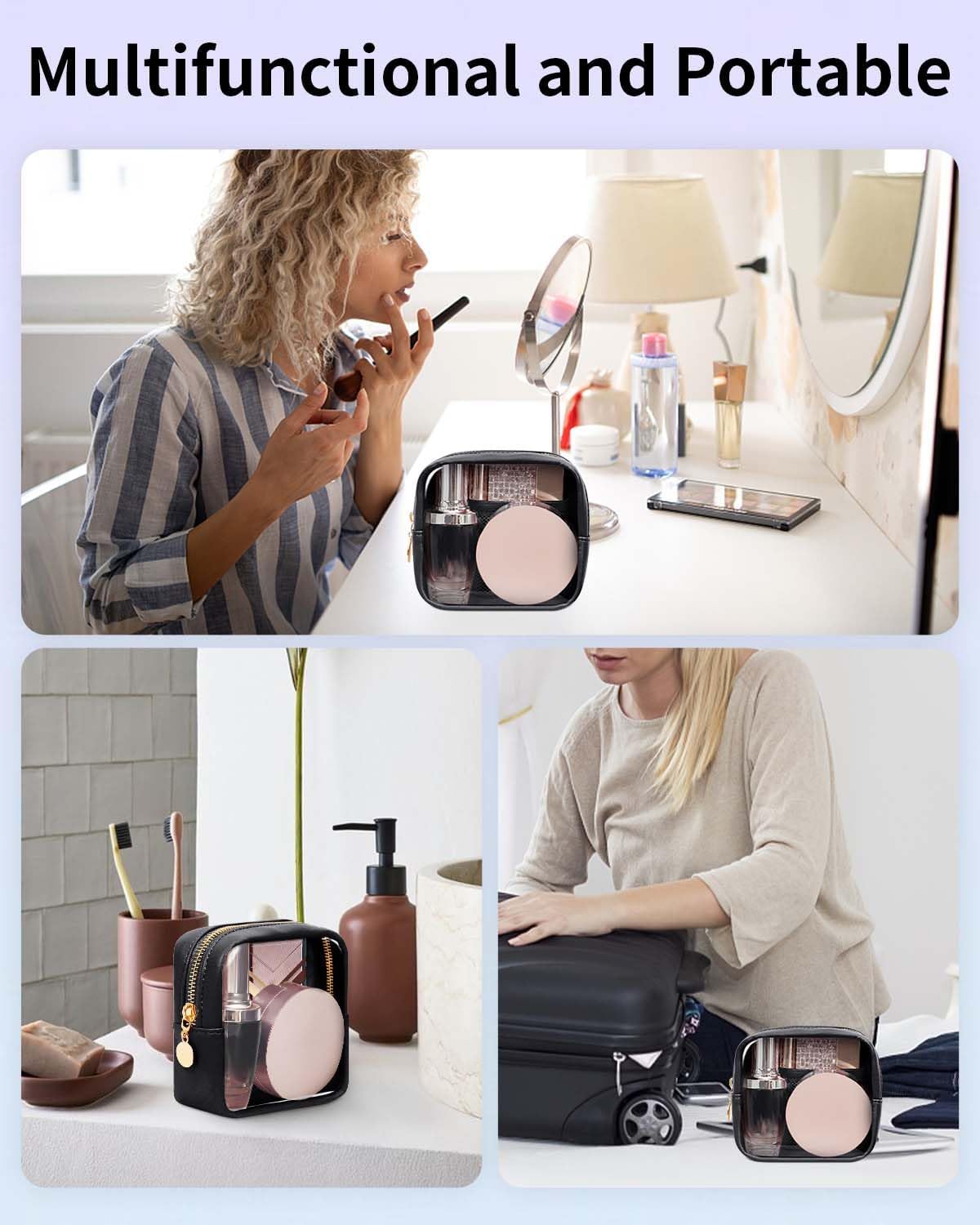Wandering Nature Clear Makeup Bag for Purse Mini Make up Bag Cute Cosmetic Pouch for Women with Slip-in Pockets Travel Toiletry Essentials Vegan Leather Organizer Pouch,Patent Pending