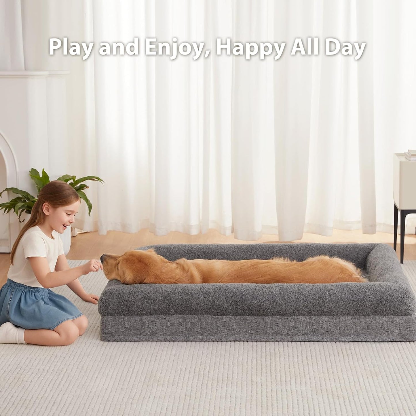 RRPETHOME Washable Dog Beds Large Sized Dog Couch, Extra Large Orthopedic Dogs Beds with Removable Cover, Waterproof Pet Bed with Bolsters, Pet Sofa Bed with Non Slip Bottom, Large, Grey