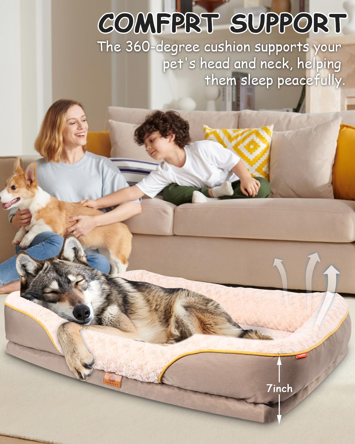 Washable Orthopedic Dog Bed for Large Dogs, Waterproof Dog Bed with Bolster, Big Couch Sofa Dogs Beds with Removable Cover & Non-Slip Bottom